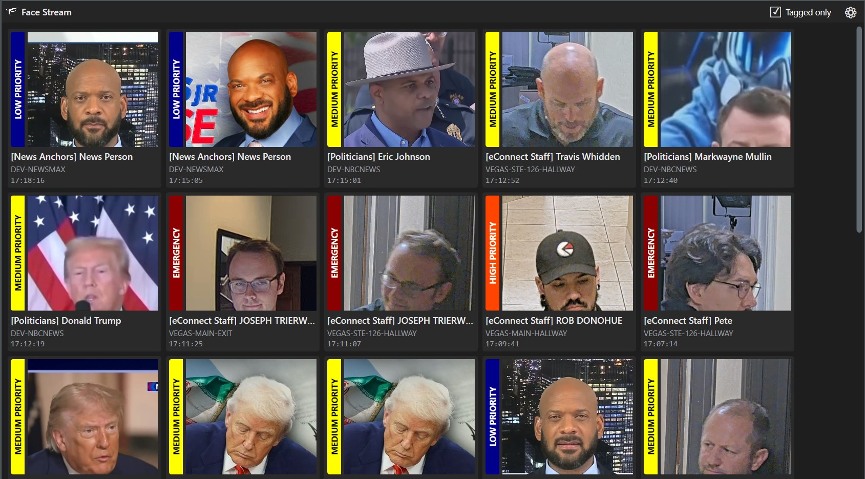 eConnect Face Stream tile feed with tagged subjects from multiple recorders