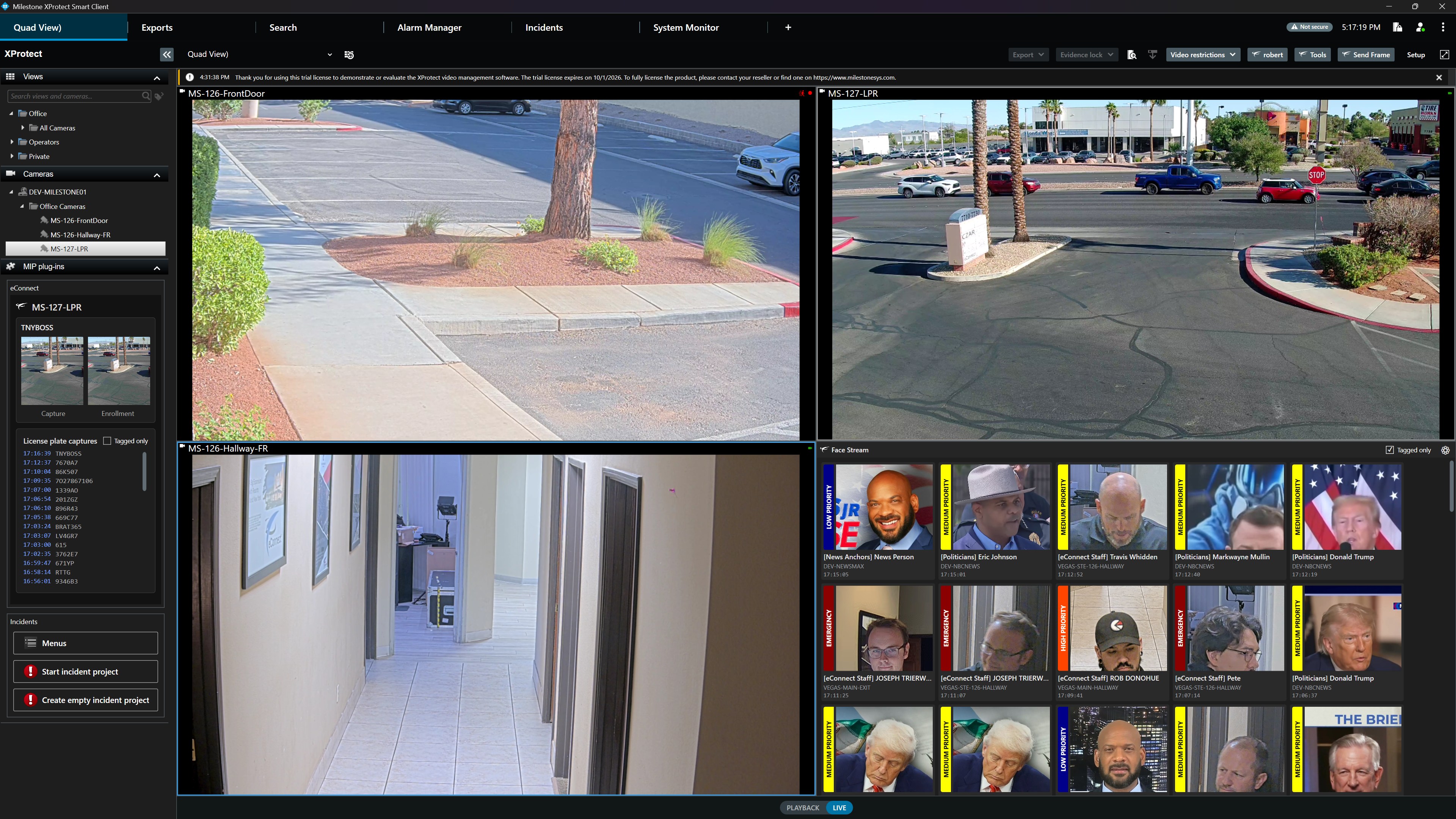 Milestone XProtect Smart Client with eConnect Quad View, MIP plug-ins panel, and Face Stream