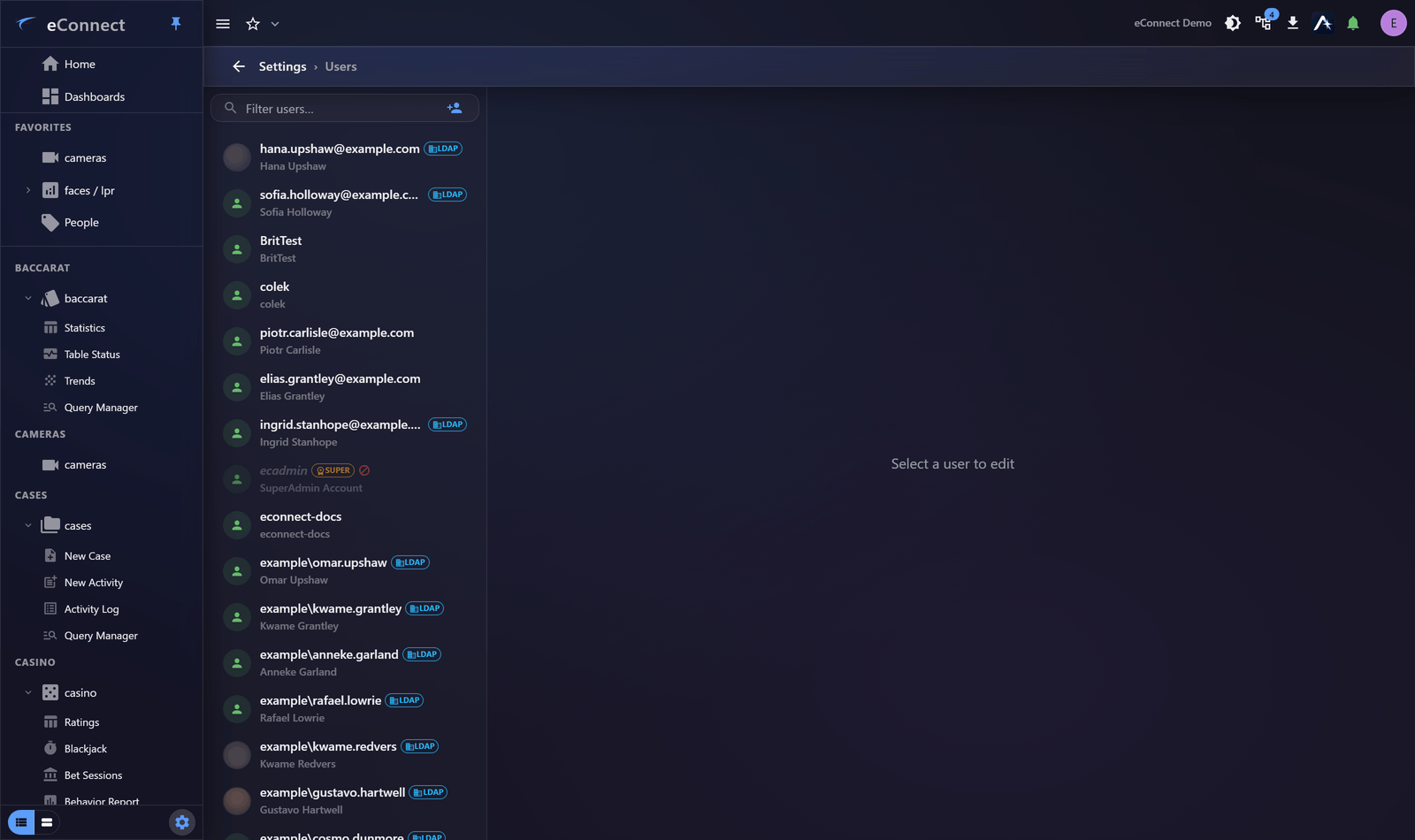A user's account details open in the Users editor