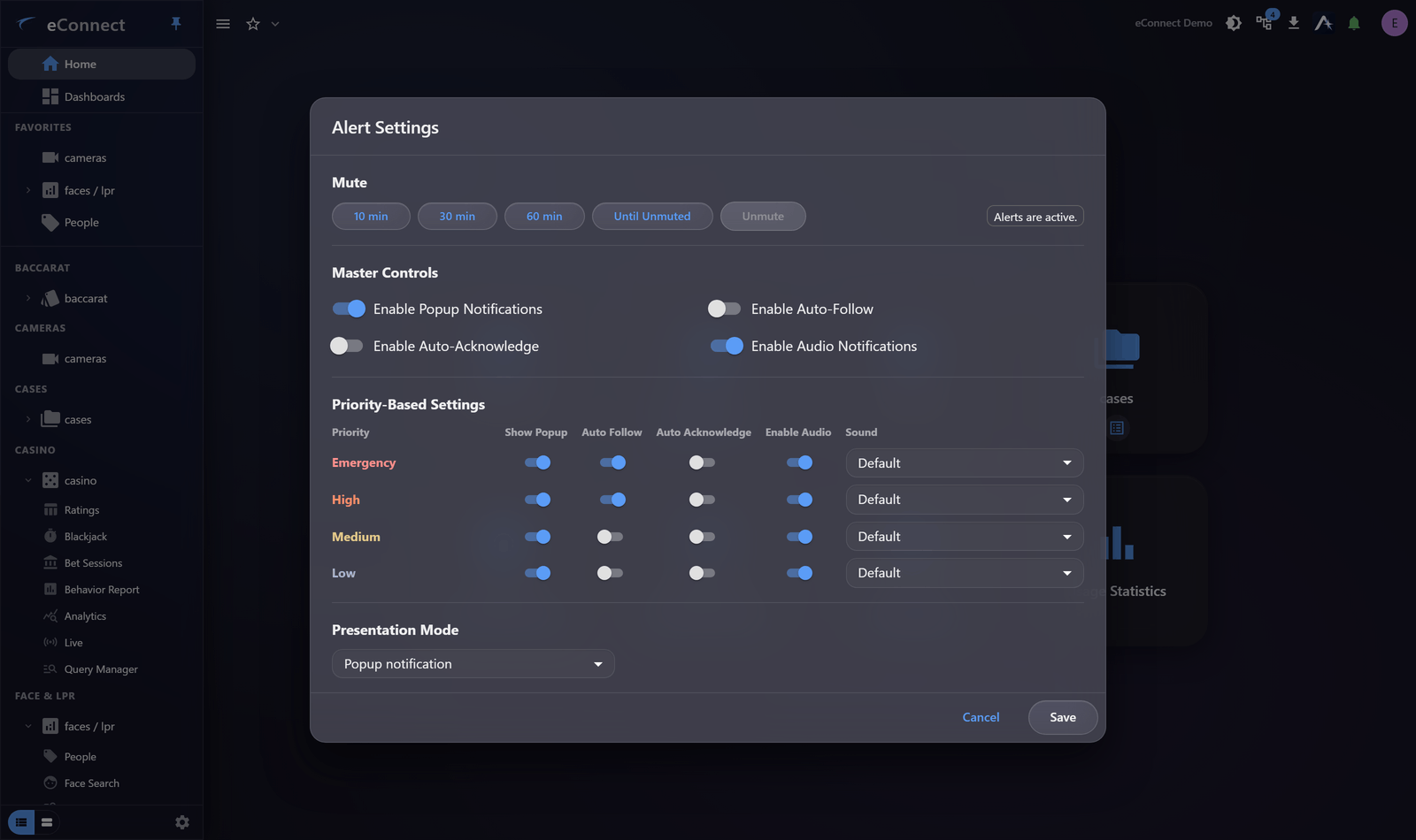 Alert preferences: presentation mode, sound, auto-acknowledge and Auto-Follow