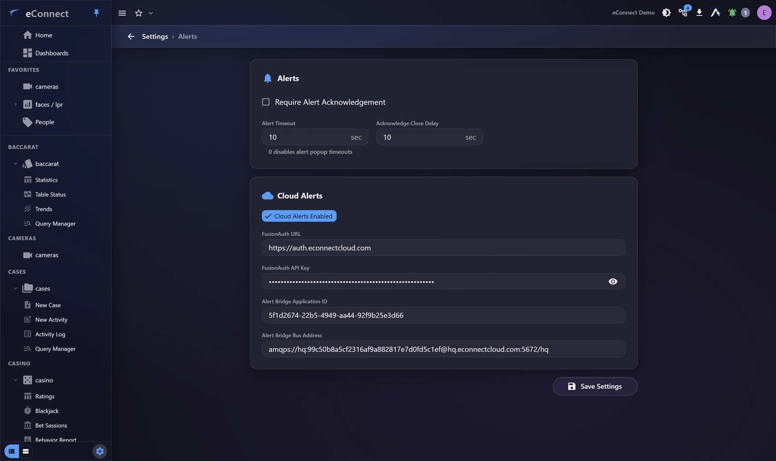The Alerts system settings page