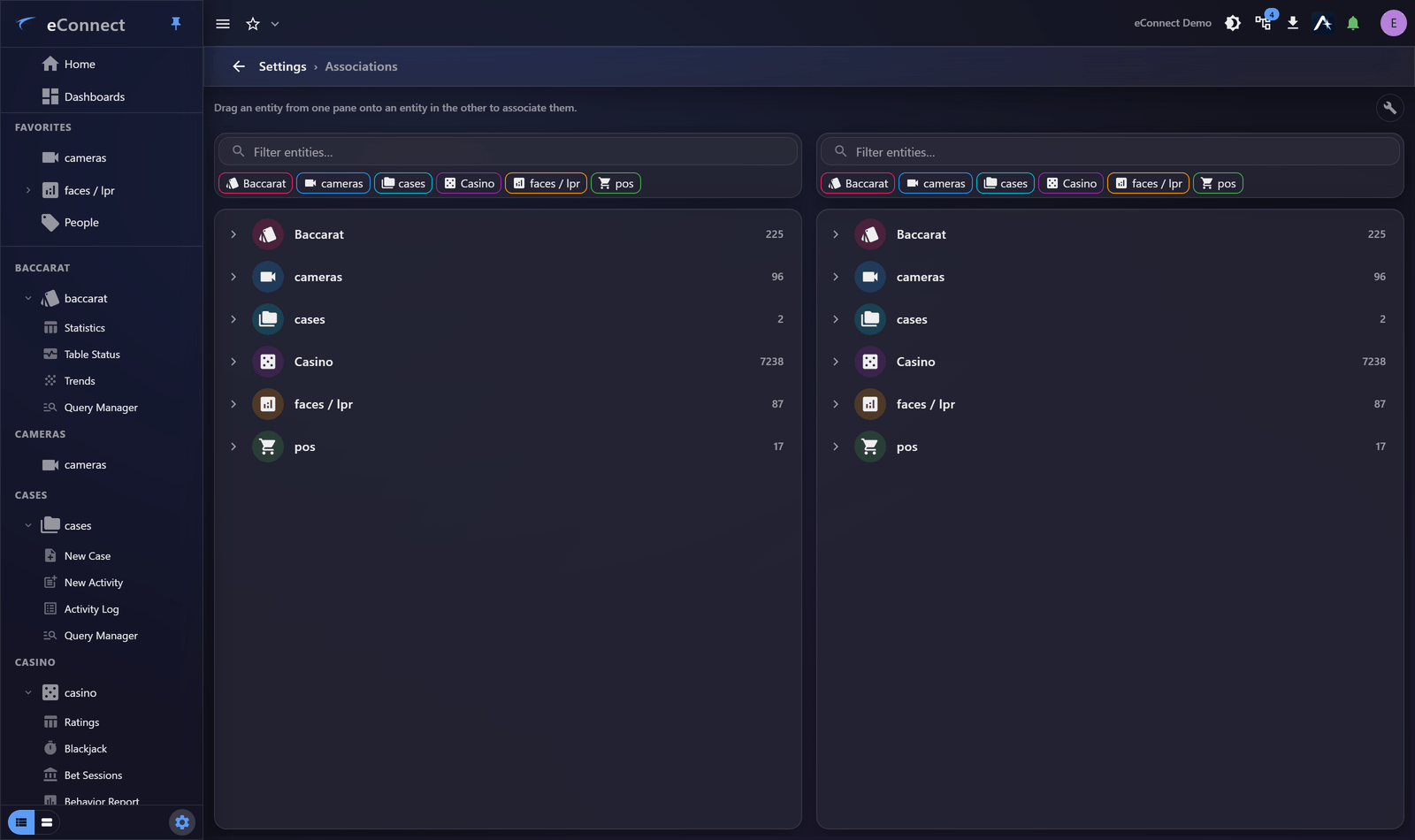 The Associations page, linking entities in one module to another