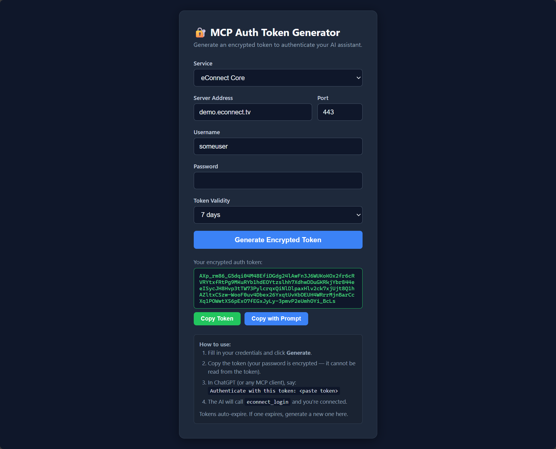 Auth token generator page showing server address, username, password, and port fields
