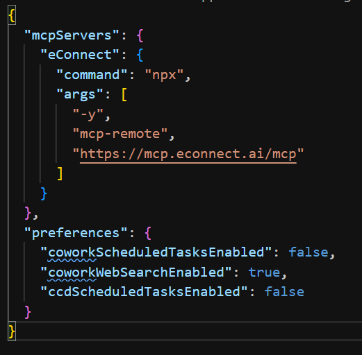 Claude Desktop JSON config with eConnect MCP server entry