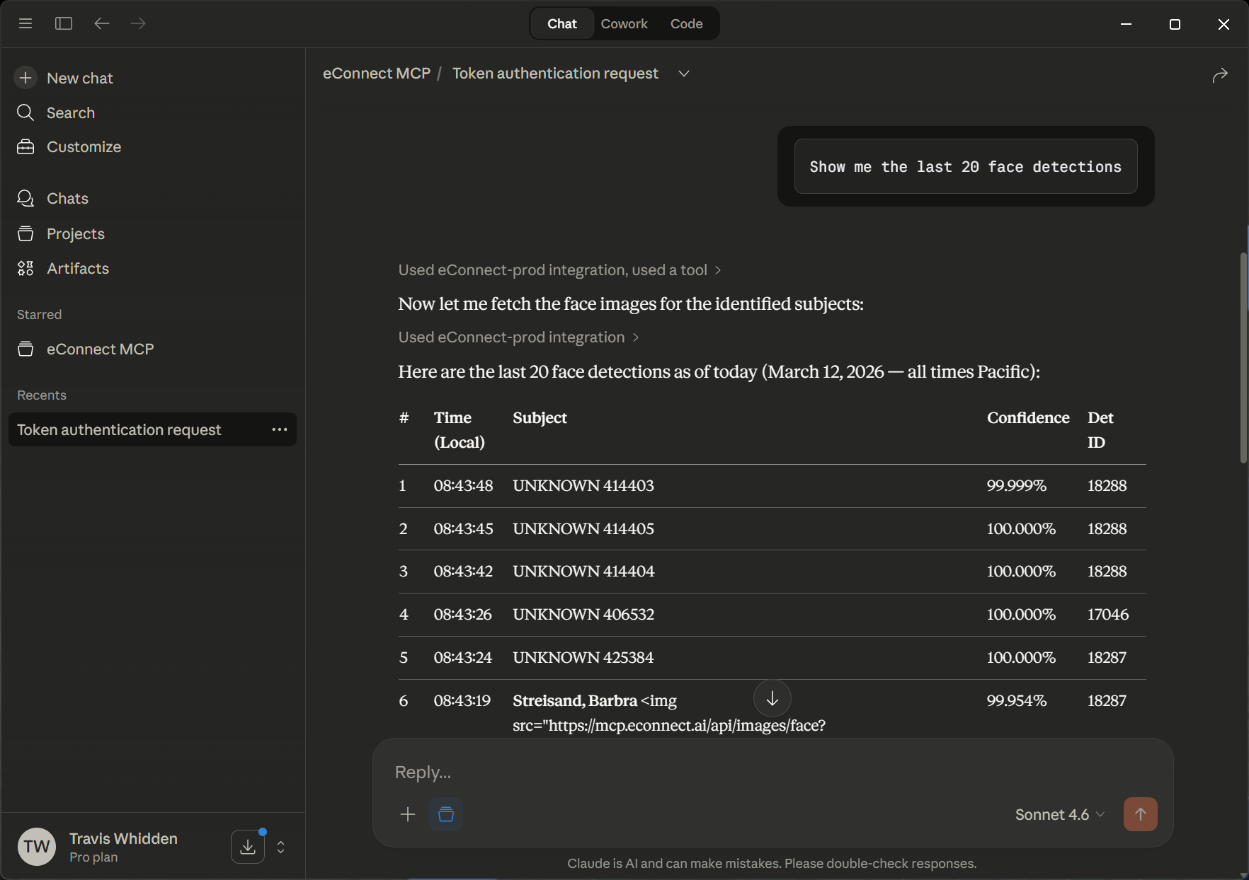 Example eConnect conversation showing face detection results