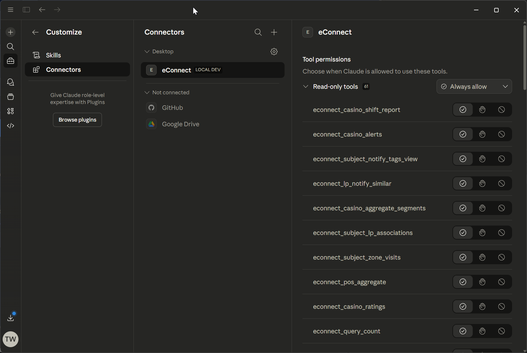 Claude Desktop tool permissions set to Always Allow