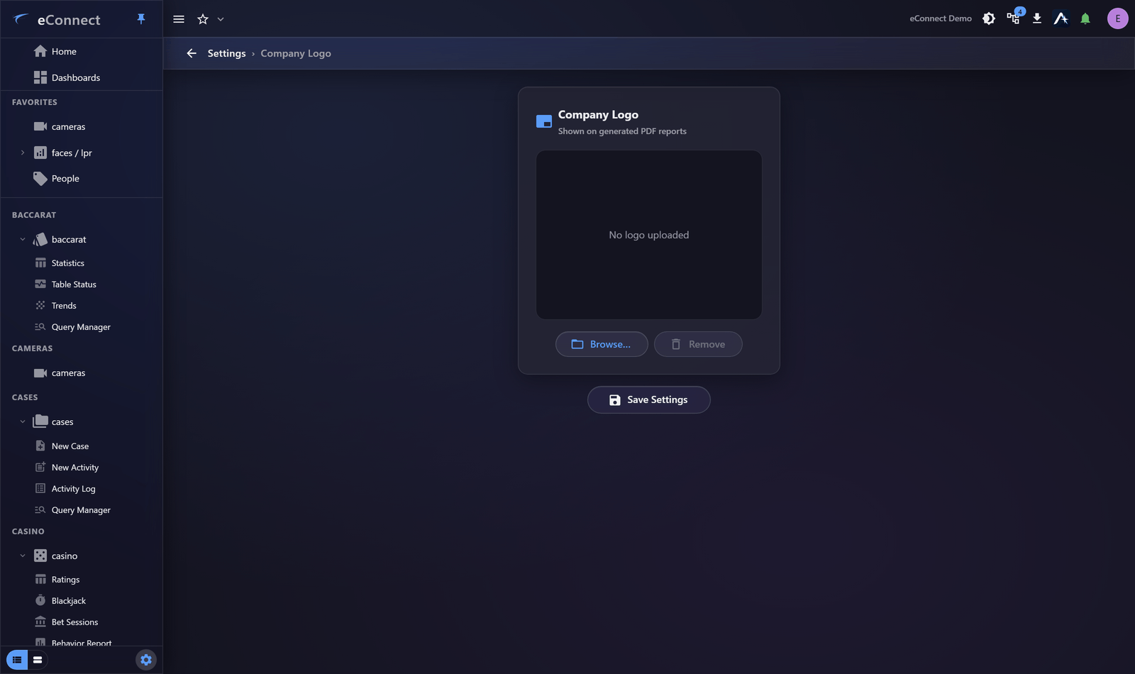 The Company Logo settings page showing the current logo with Browse and Remove