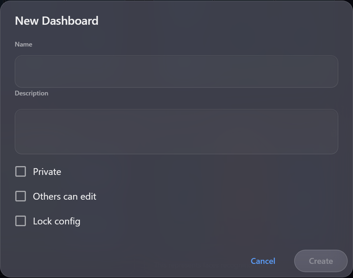 The dashboard properties dialog, with name, description, Private, Others can edit and Lock config