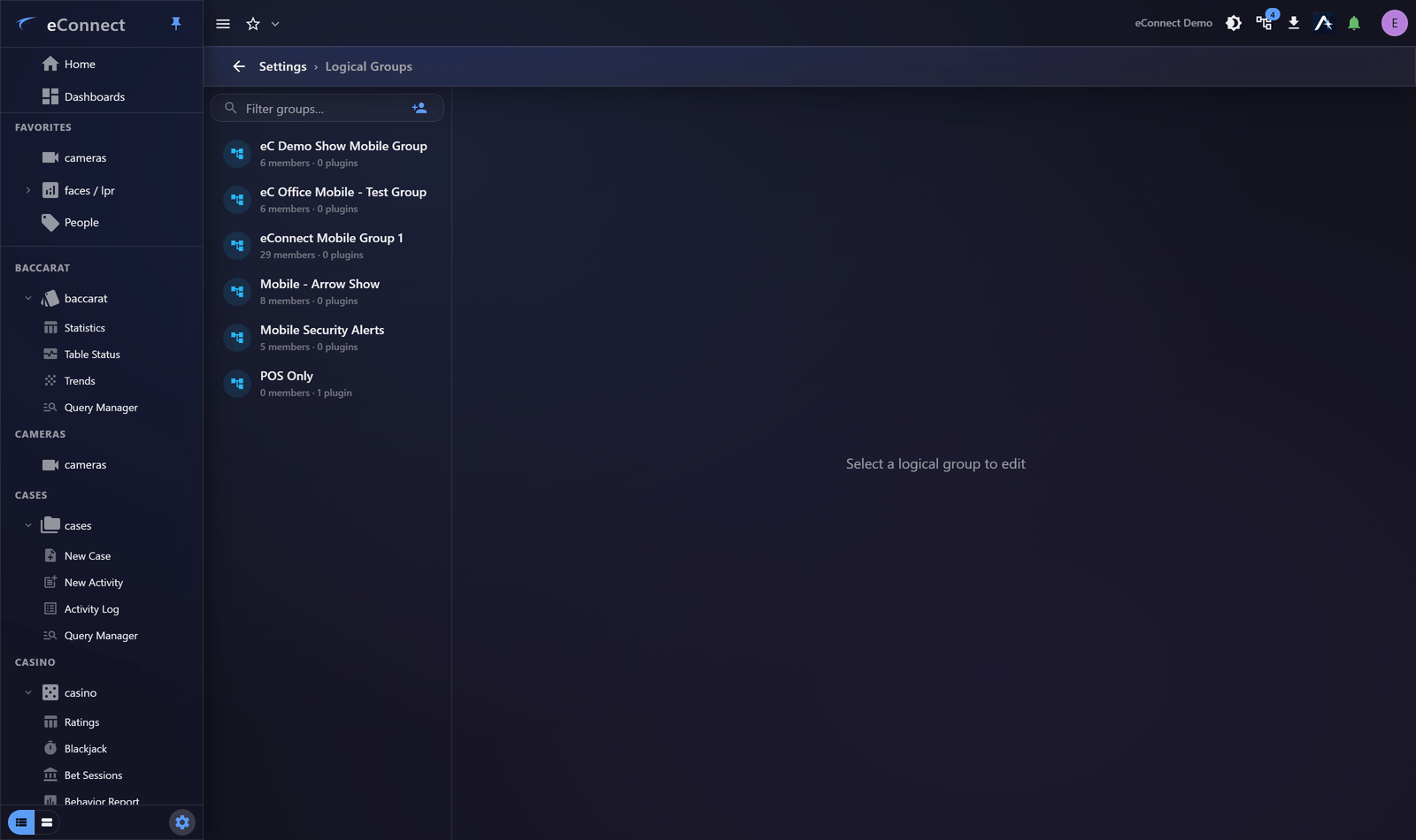 A logical group open in the editor, with its members and filters