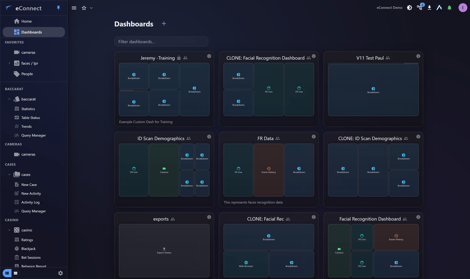 The Dashboards page, listing available dashboards