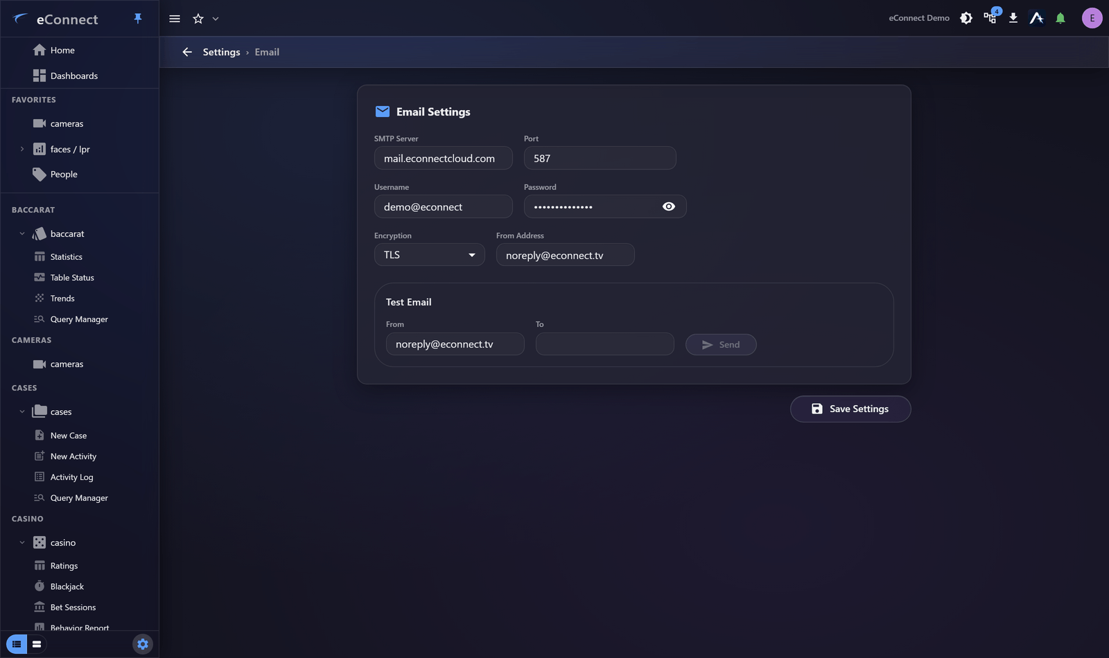 The Email settings page