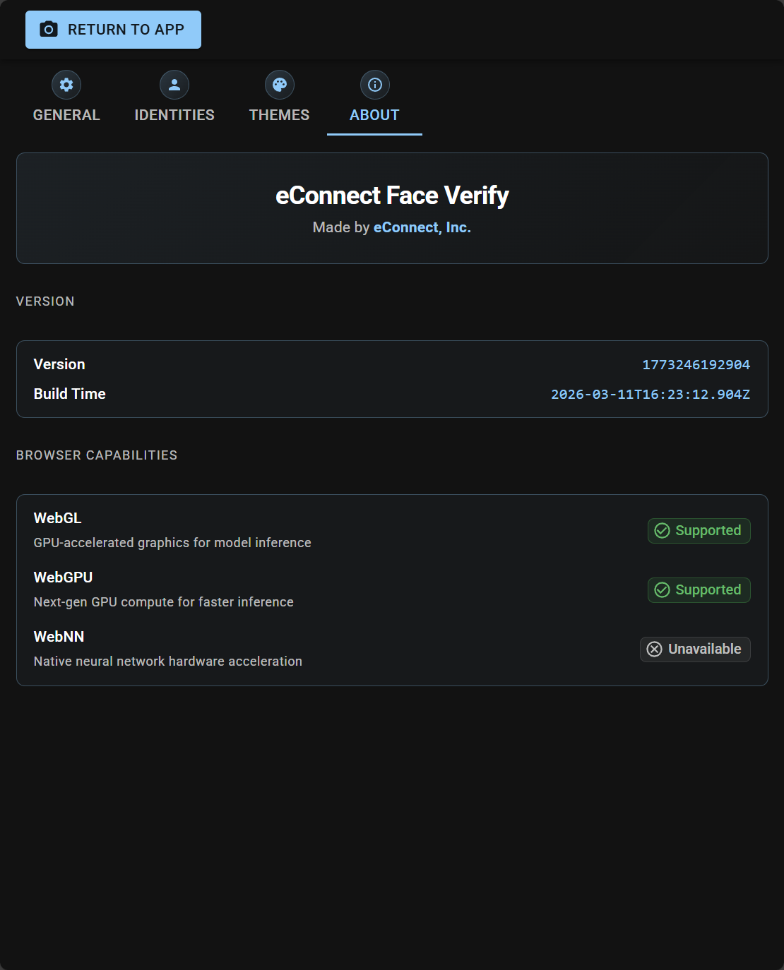About tab showing app version, build timestamp, and browser capability badges (WebGL, WebGPU, WebNN)