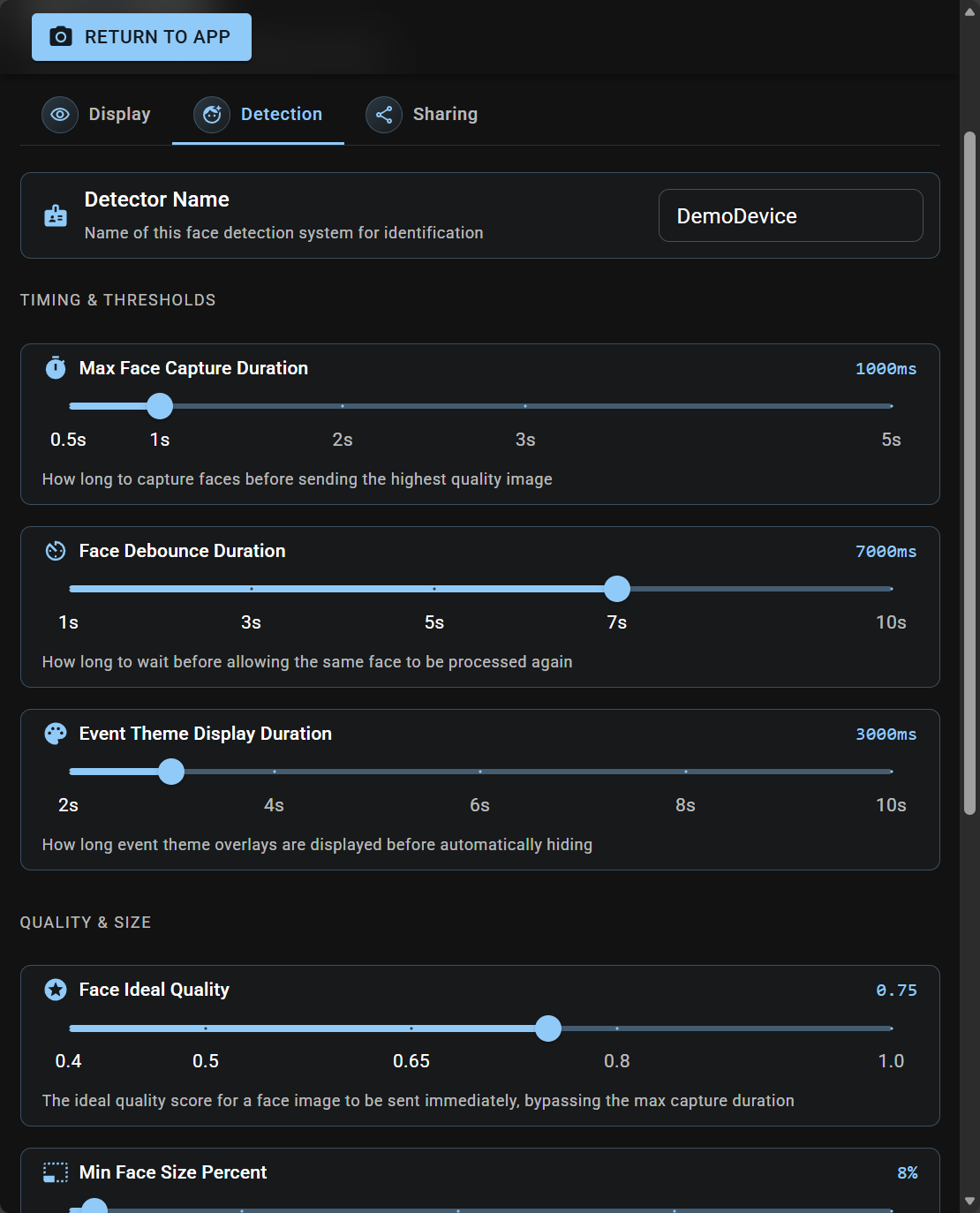 Face Verify configuration screen