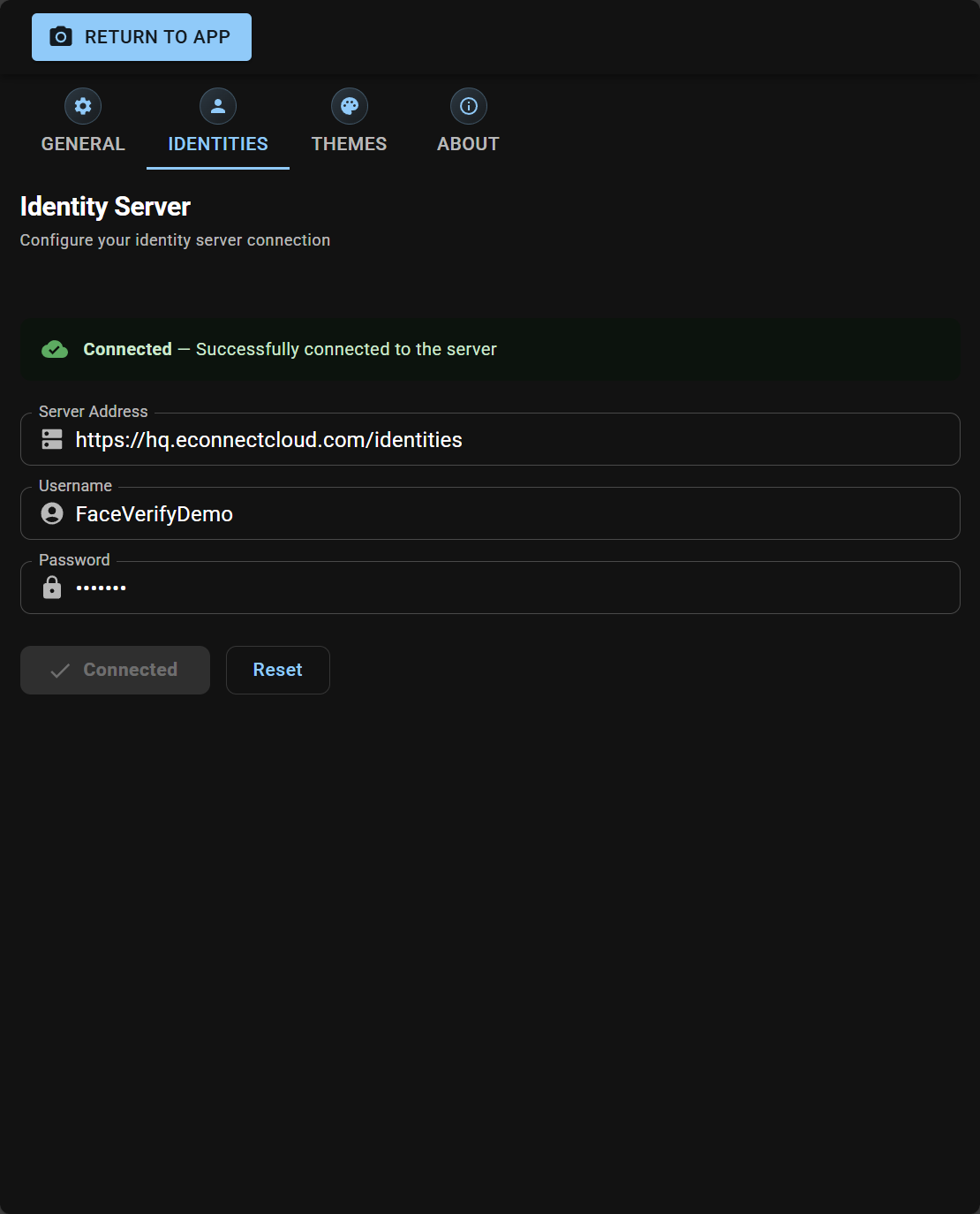 Identity Server configuration form — server address, username, password, and Connect button