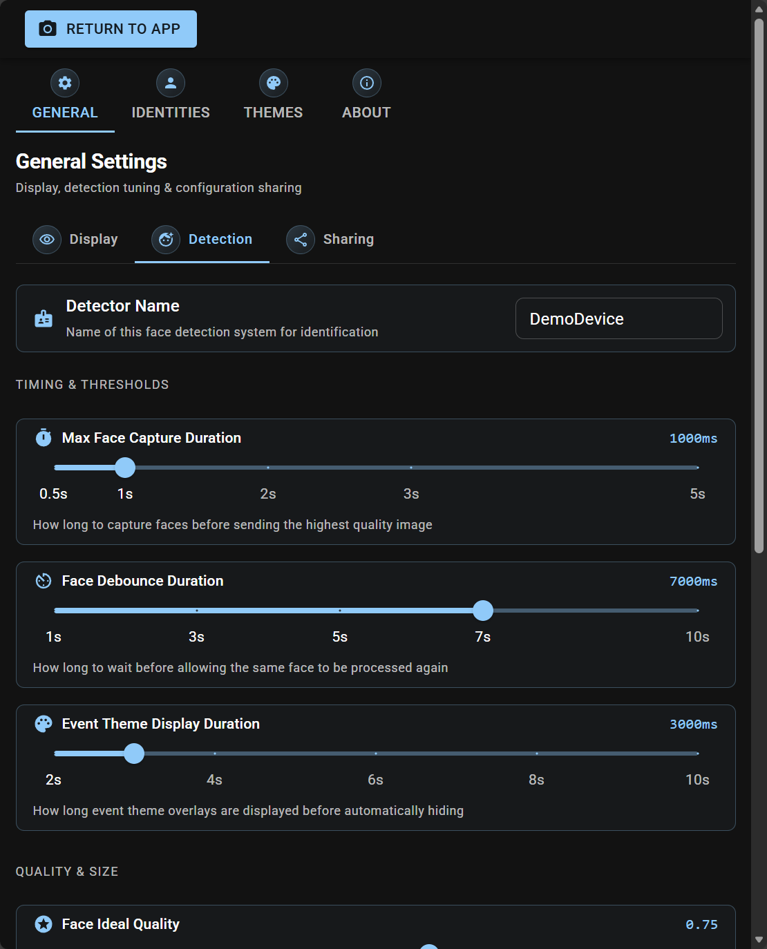 Timing and Thresholds sliders — Max Face Capture Duration, Face Debounce Duration, Event Theme Display Duration