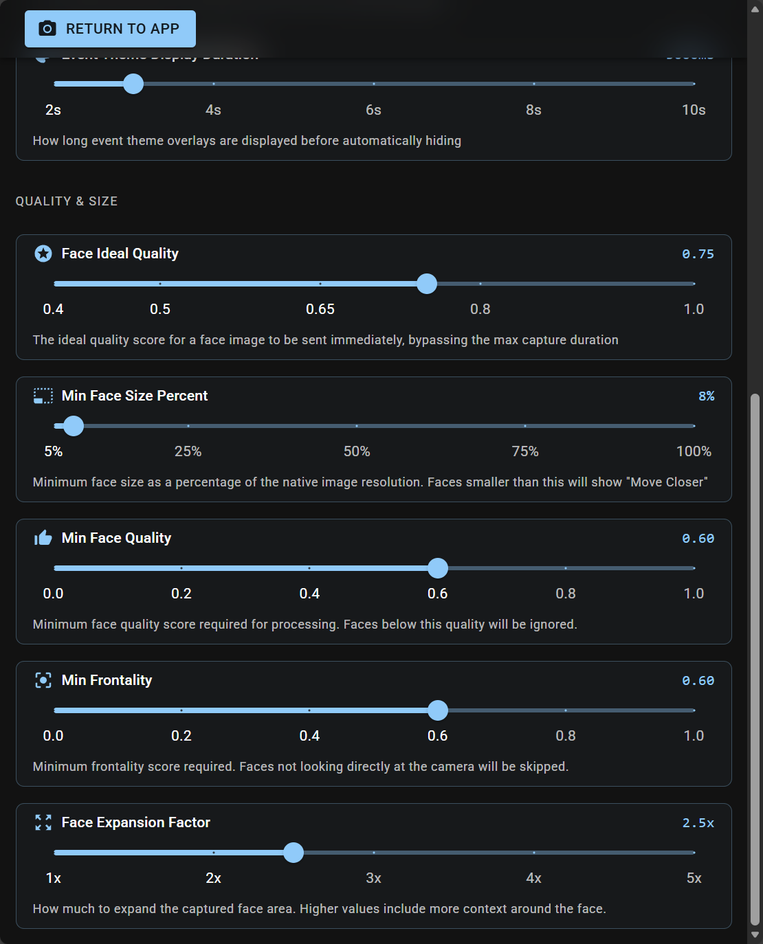 Quality and Size sliders — Face Ideal Quality, Min Face Size, Min Quality, Min Frontality, Expansion Factor