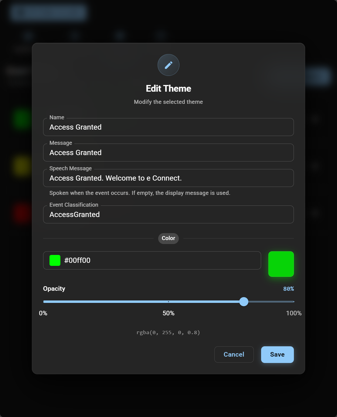 Theme editor — name, classification, message, speech, and color fields