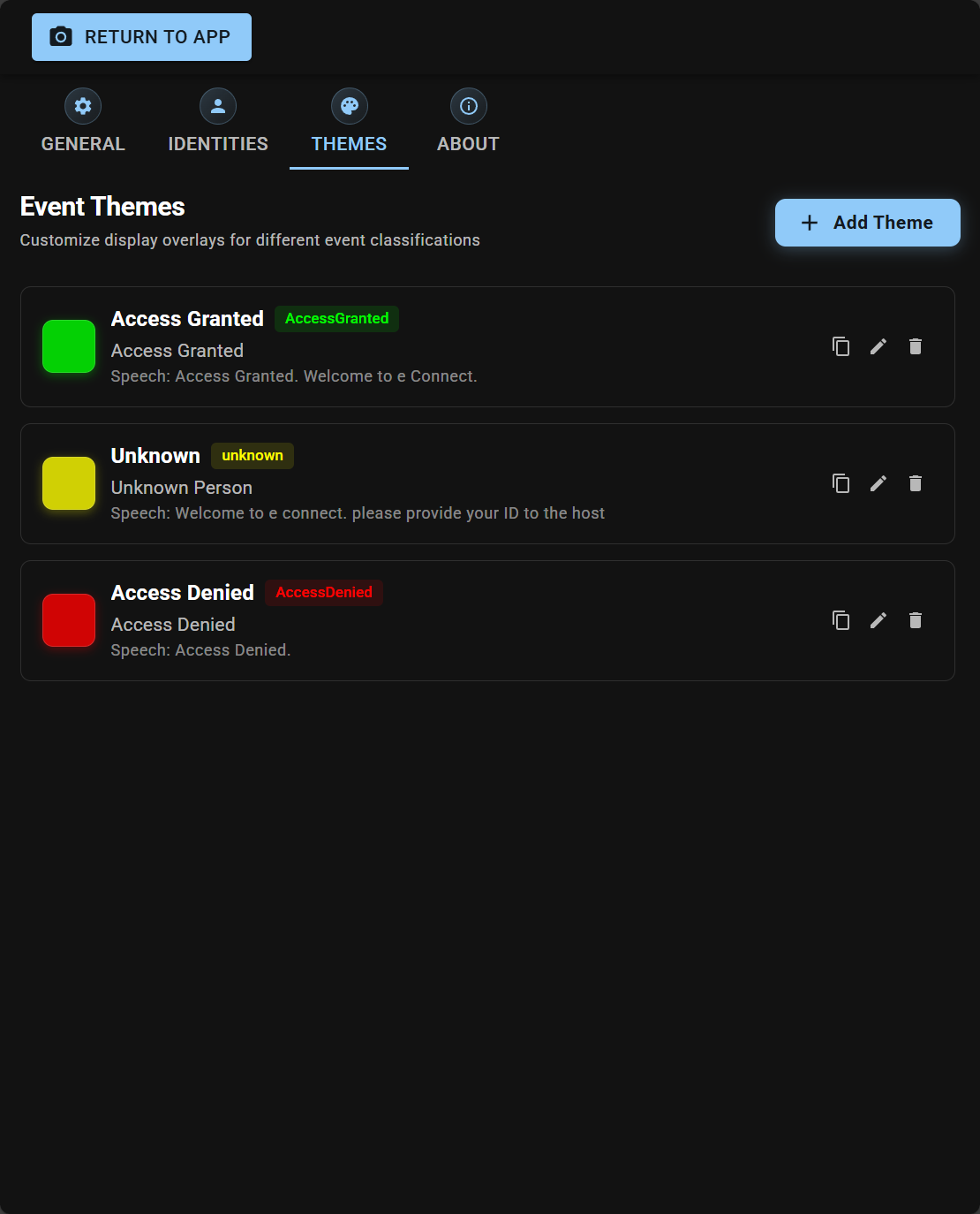 Event Themes list showing the configured themes and their classifications
