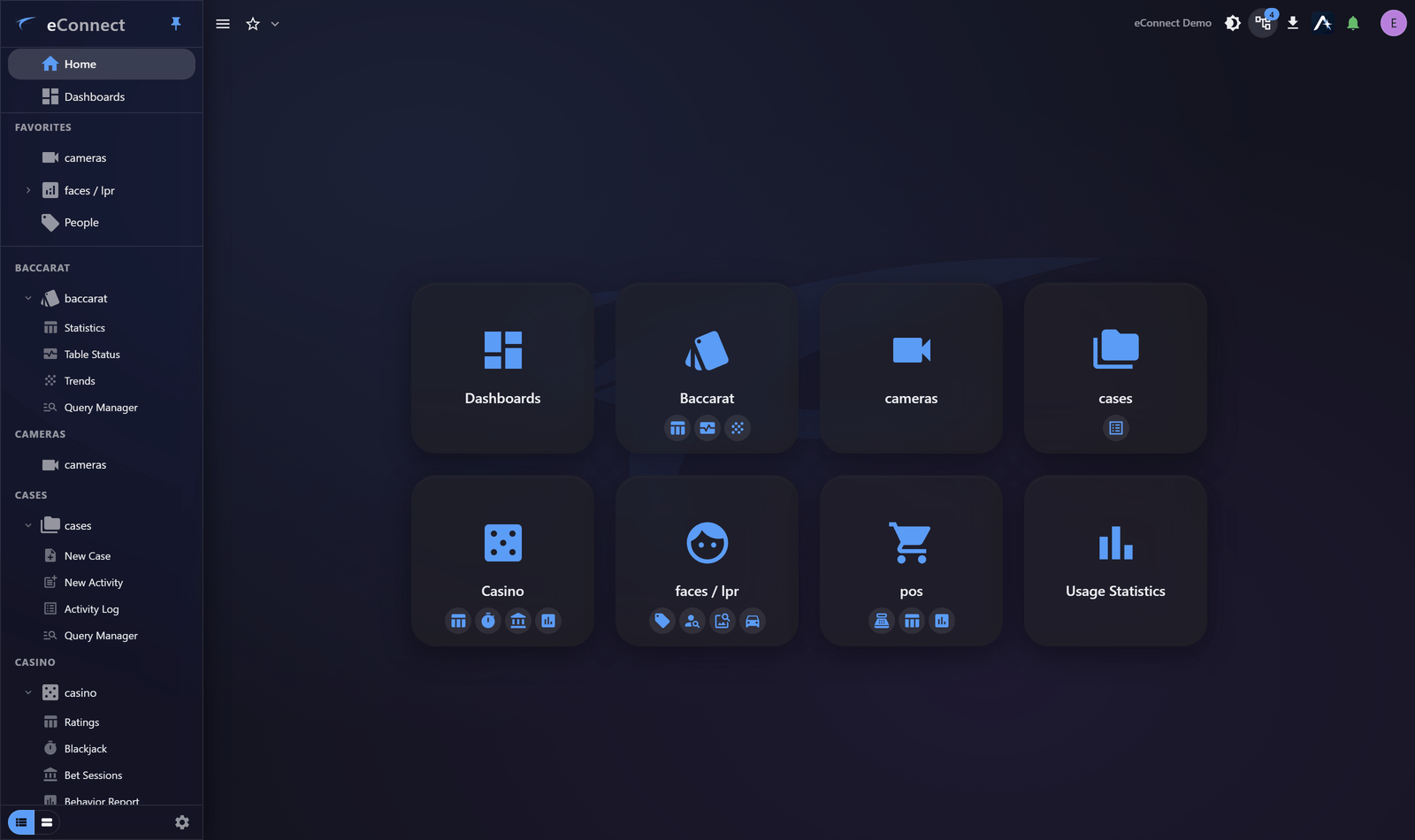 The eConnect Home screen, showing every module you have access to