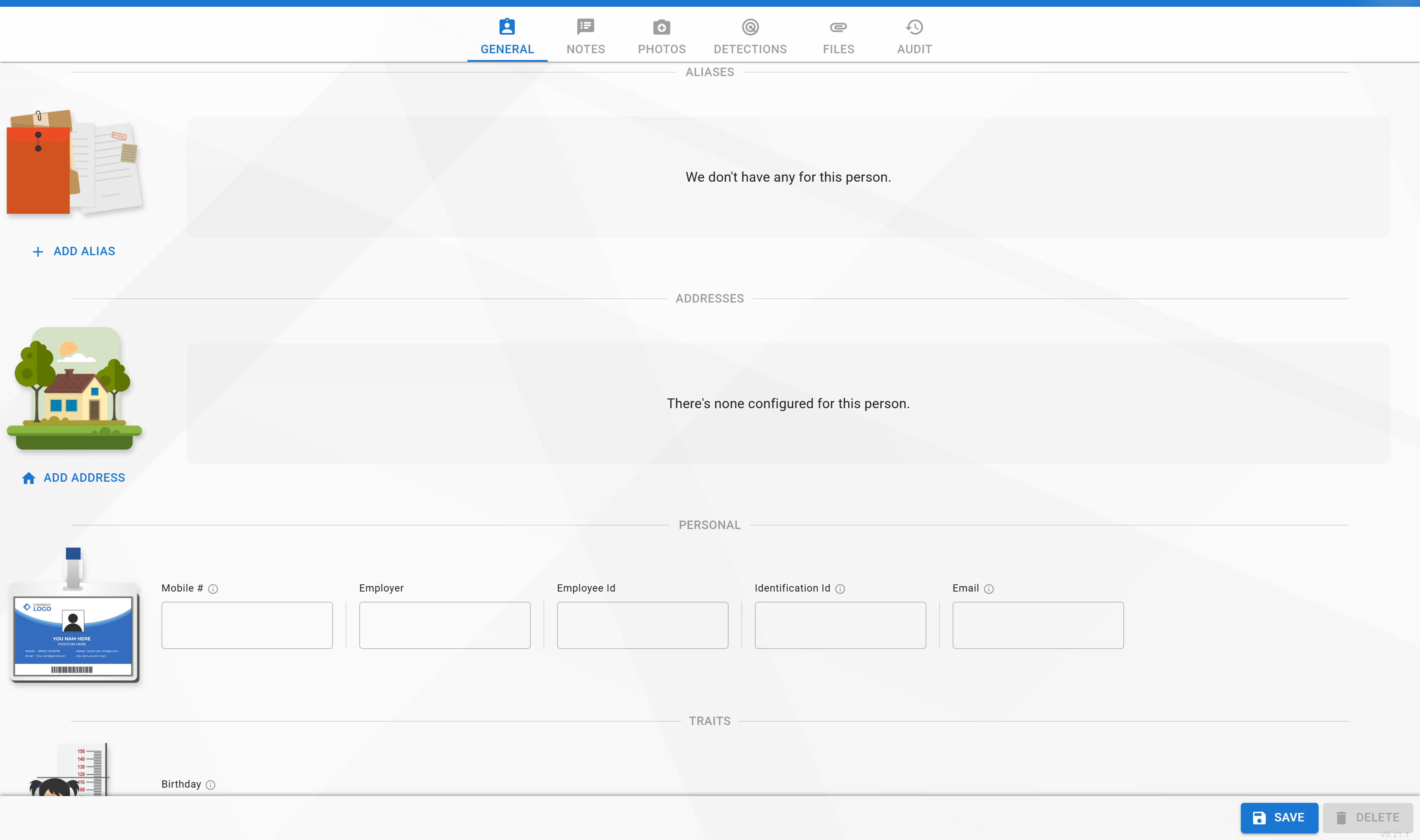 Add Identity form with alias, address, personal, and traits sections