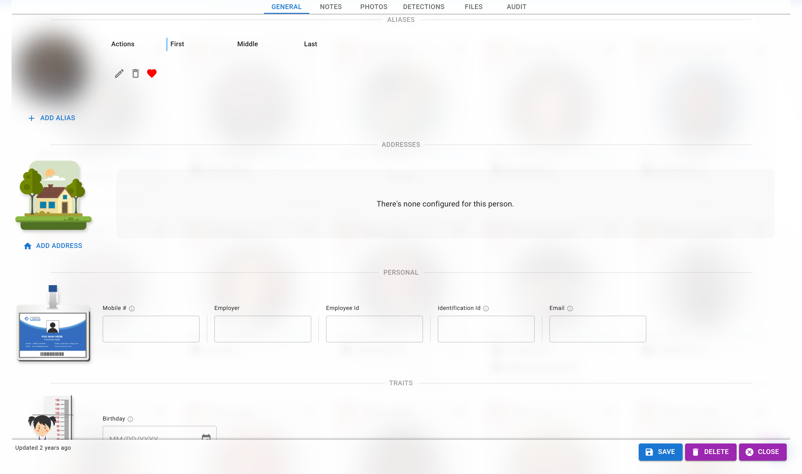 Person Editor showing the General, Notes, Photos, Detections, Files, and Audit tabs