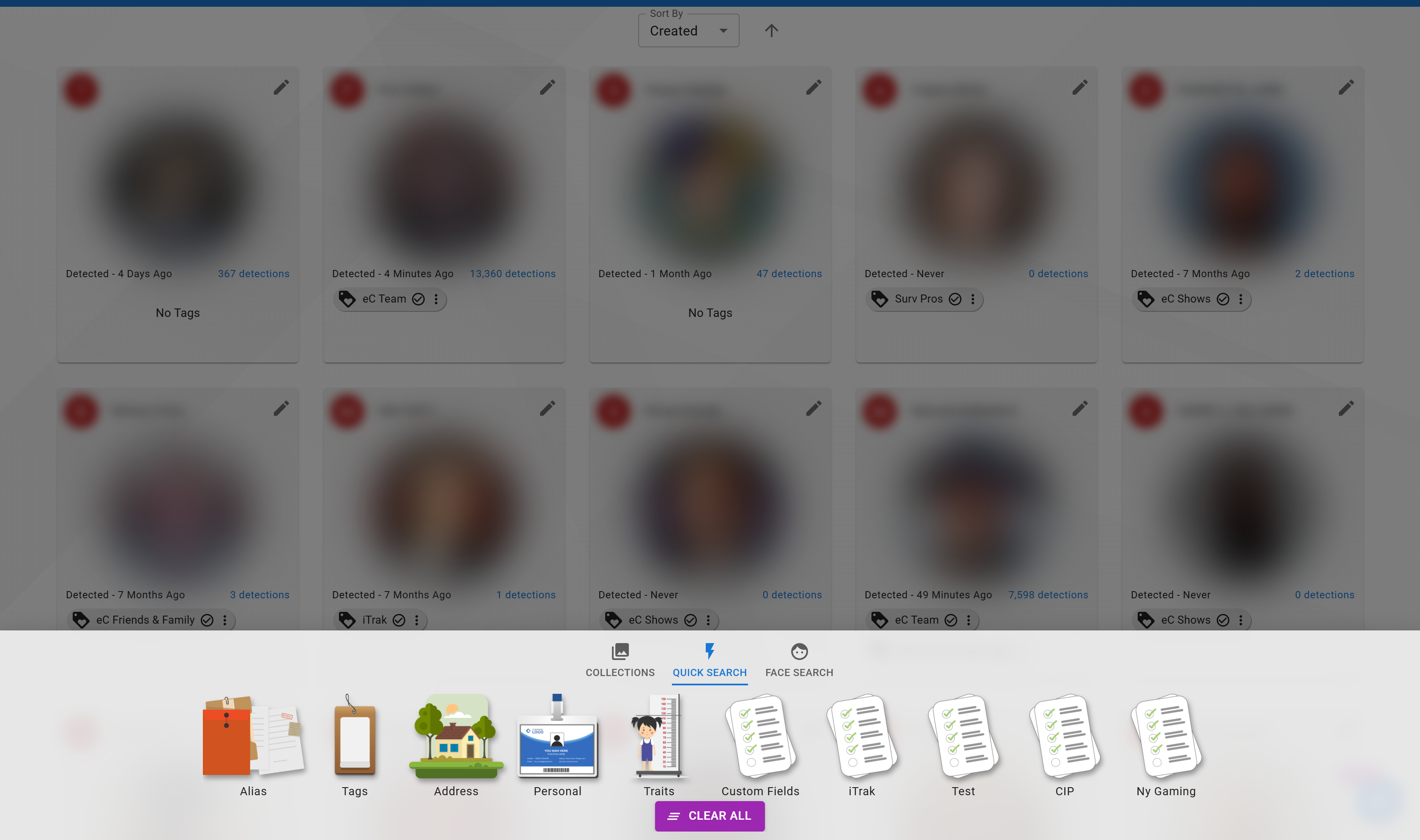 Identities Search page: results grid plus the Quick Search / Face Search / Collections palette