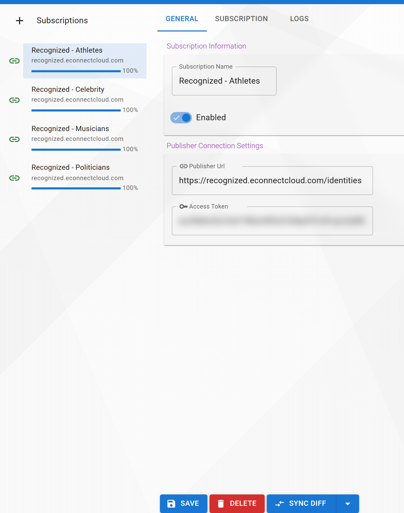Subscriptions list with a subscription's connection settings (access token redacted)