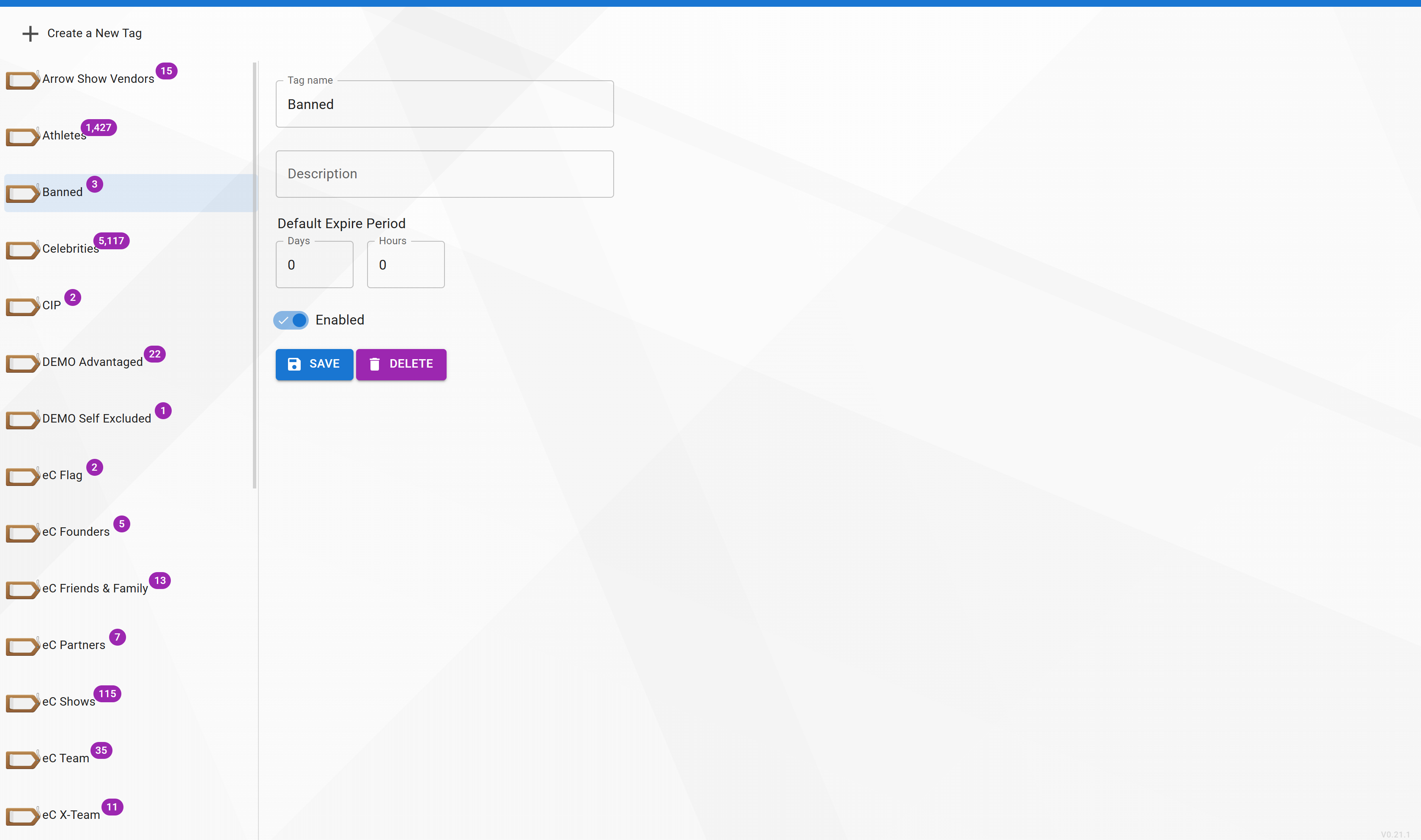 Manage Tags screen with the tag list and the tag editor