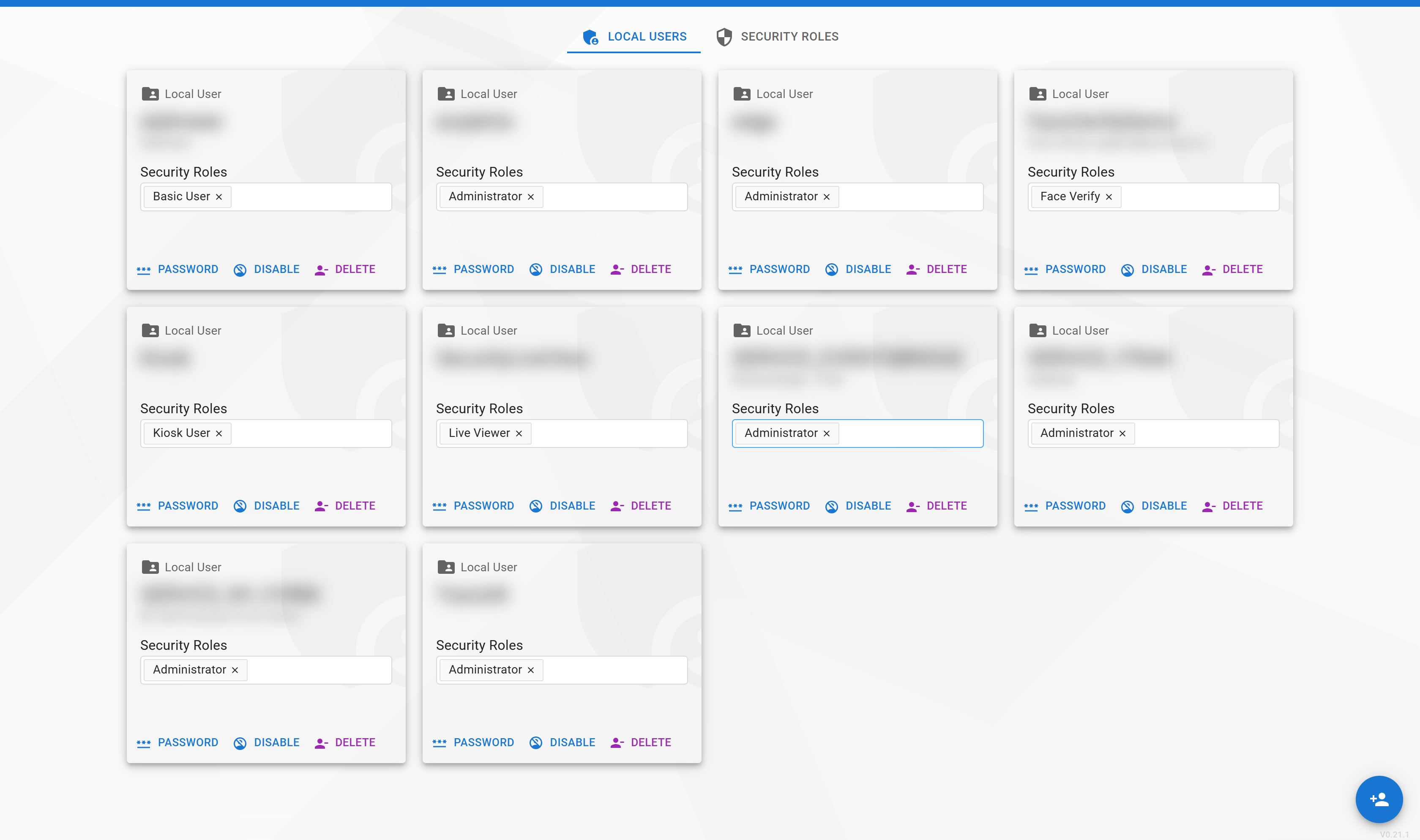 System settings — Local Users tab listing accounts and their assigned security roles