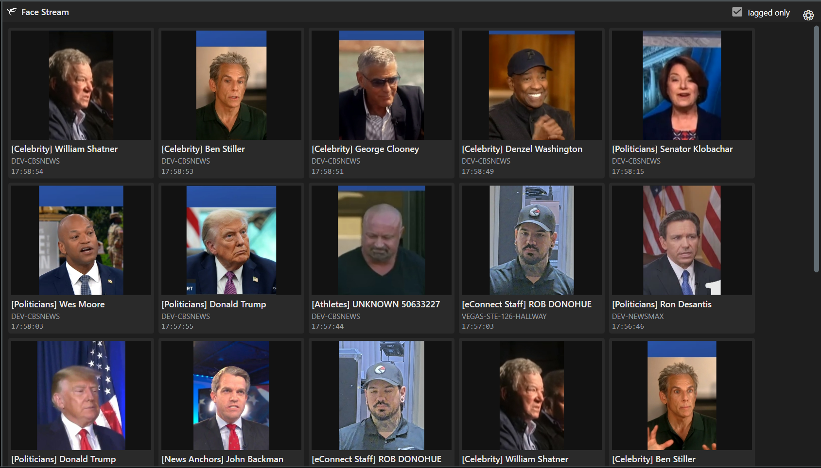 eConnect Face Stream tile feed with tagged subjects from multiple recorders