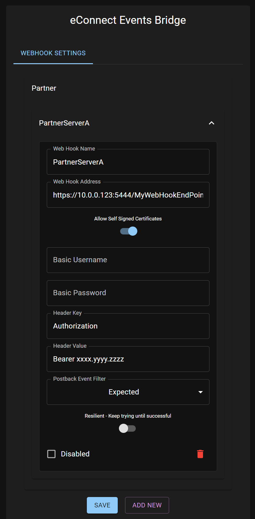 WebHook Options Screenshot