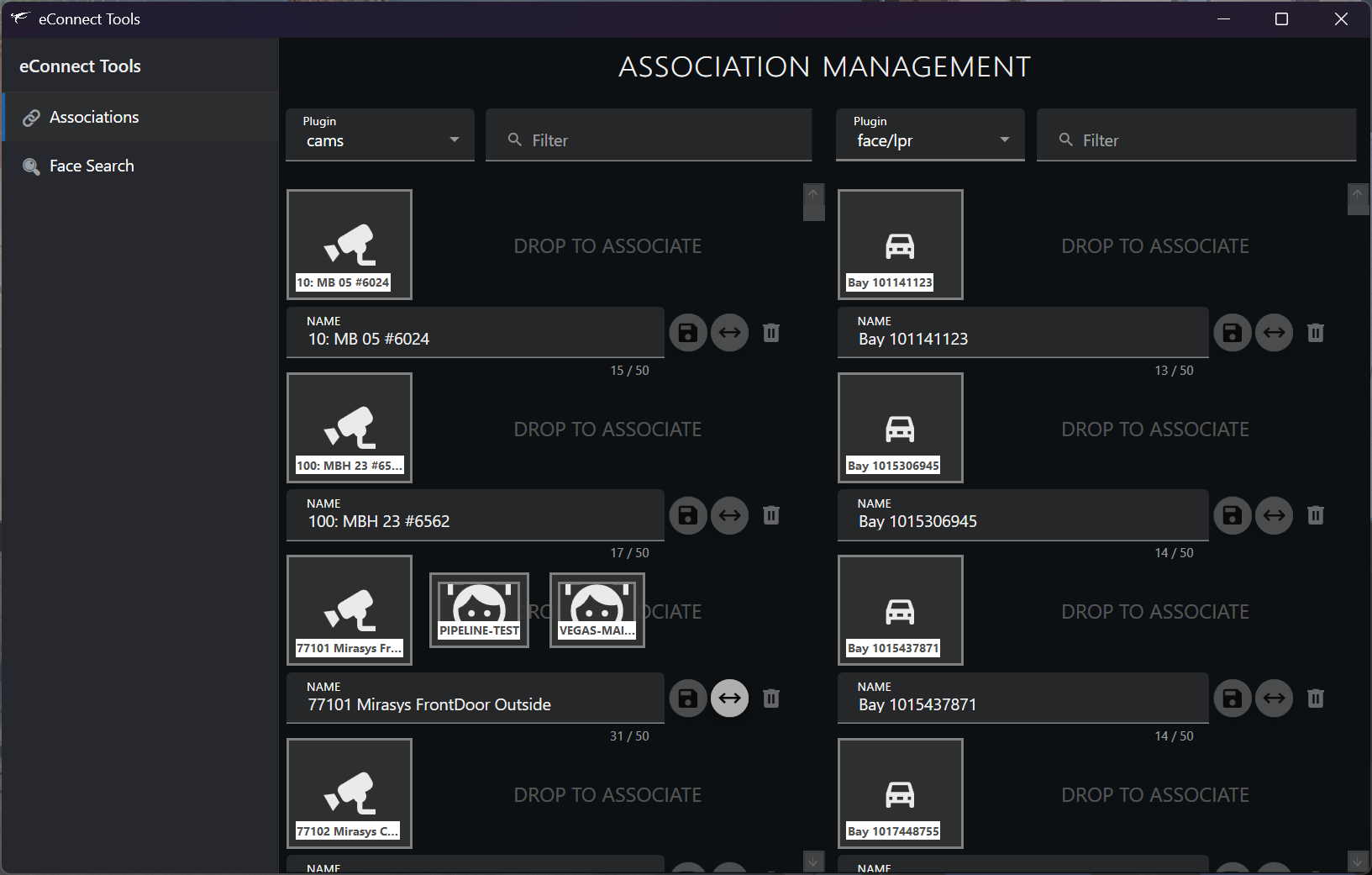 eConnect Tools Association Management — drag-and-drop camera-to-source mapping