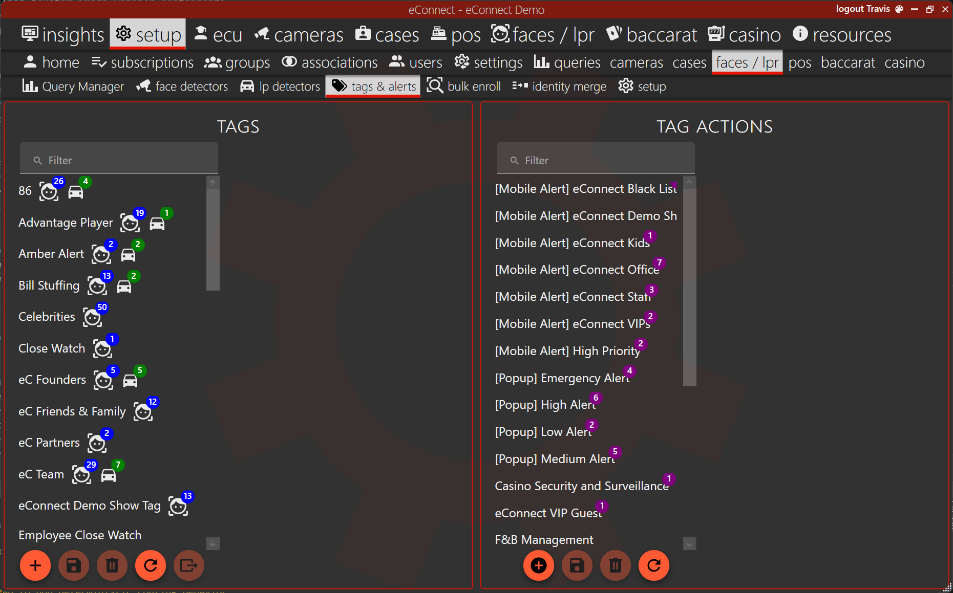 Tag Management with Usage Counts for Tags and Actions