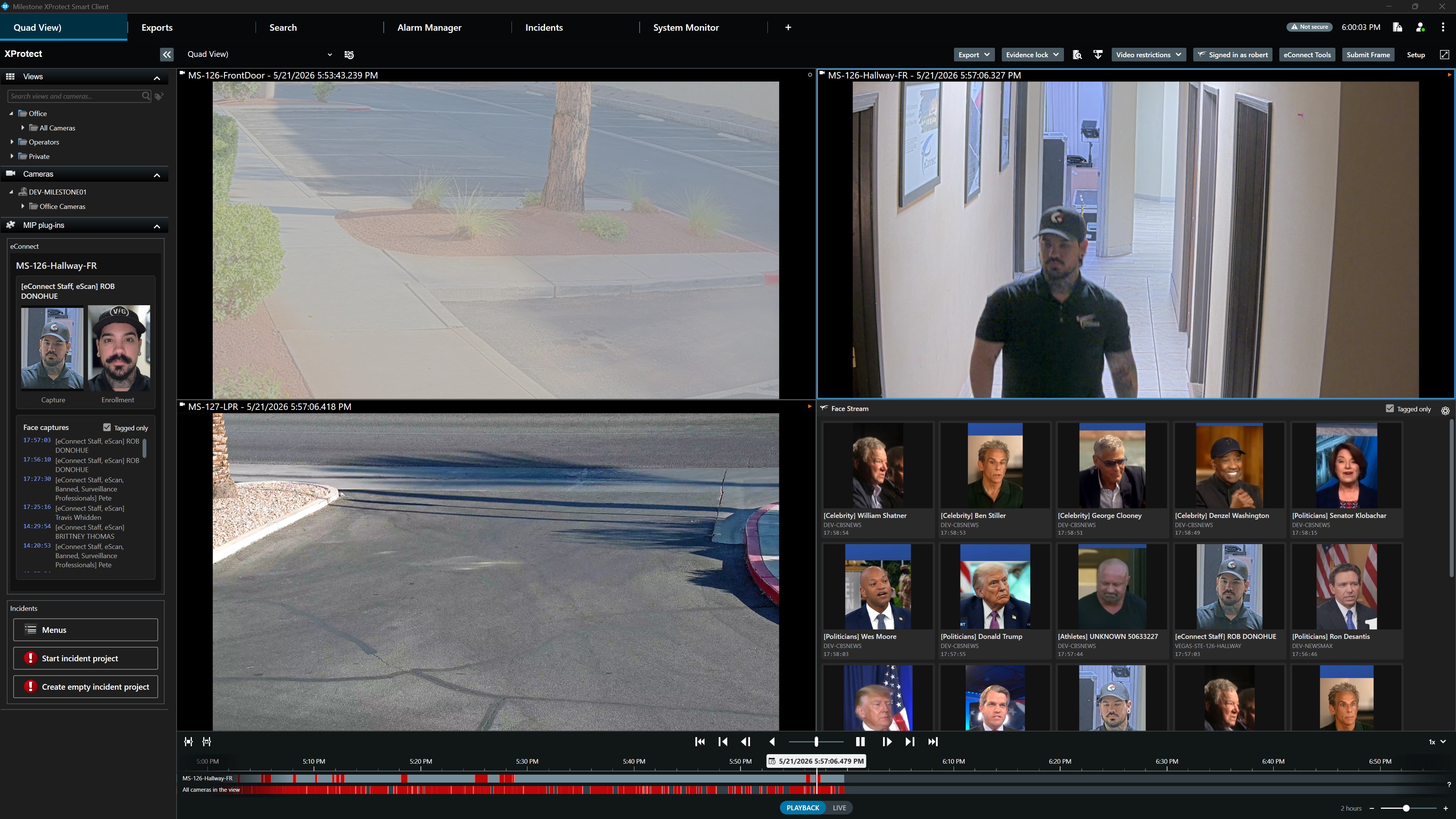 Milestone XProtect Smart Client with eConnect Quad View, MIP plug-ins panel, and Face Stream