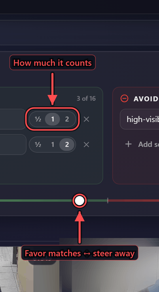 The Match and Avoid lanes with the weight pill and the balance slider named