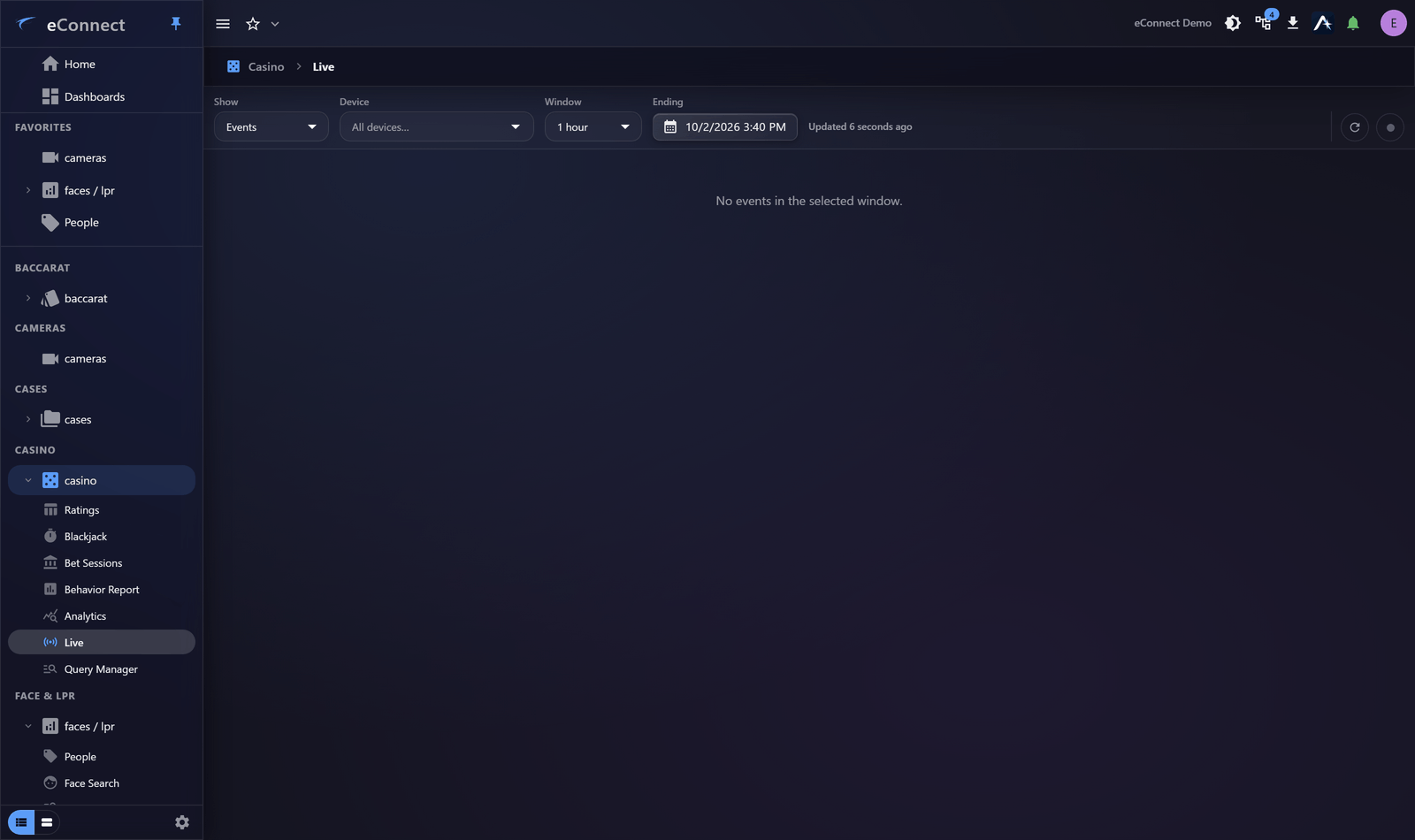 The Live view, streaming events as they are recorded