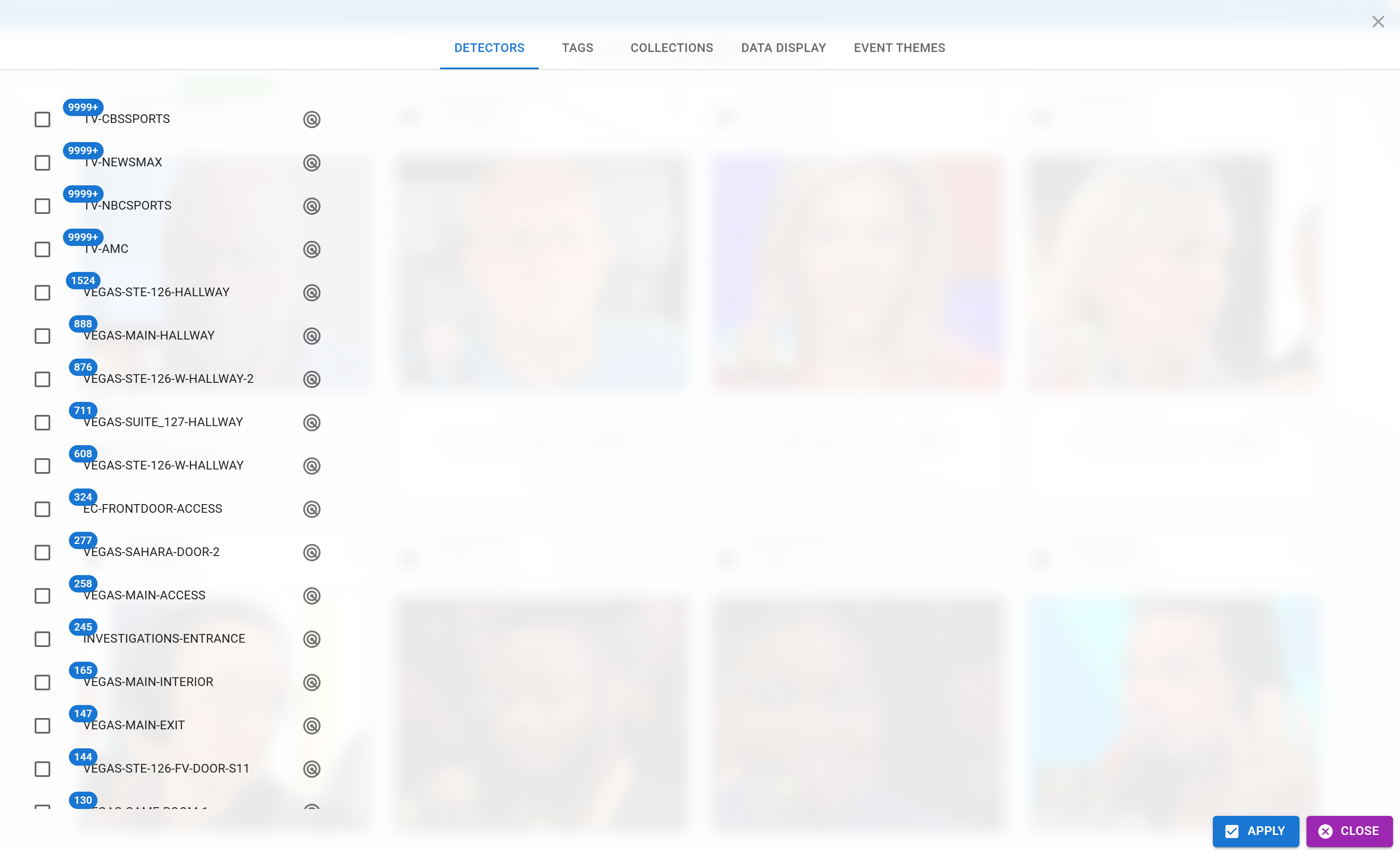 Live Monitor filter dialog with Detectors, Tags, Collections, Data Display, and Event Themes tabs
