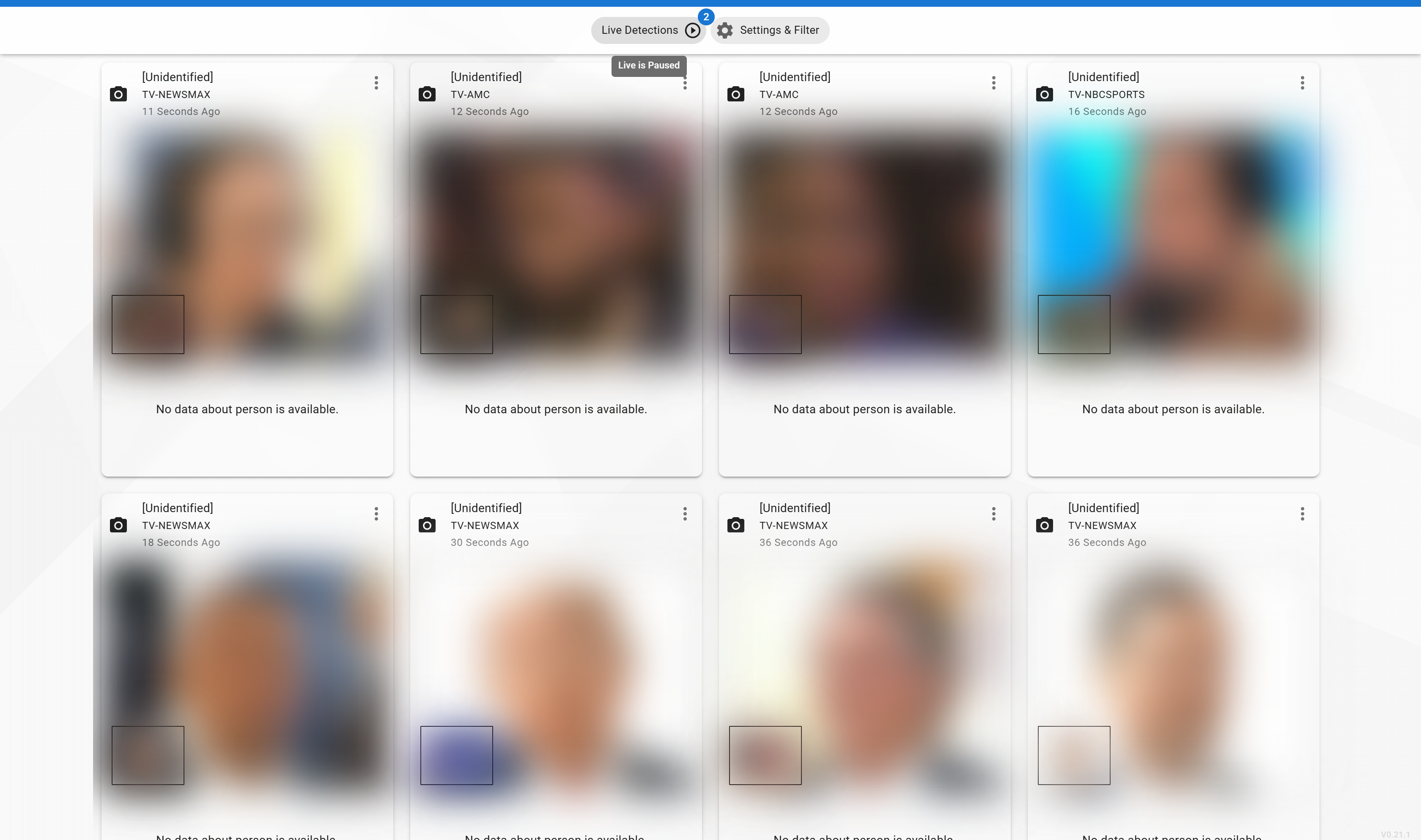 Live Monitor grid streaming face detections