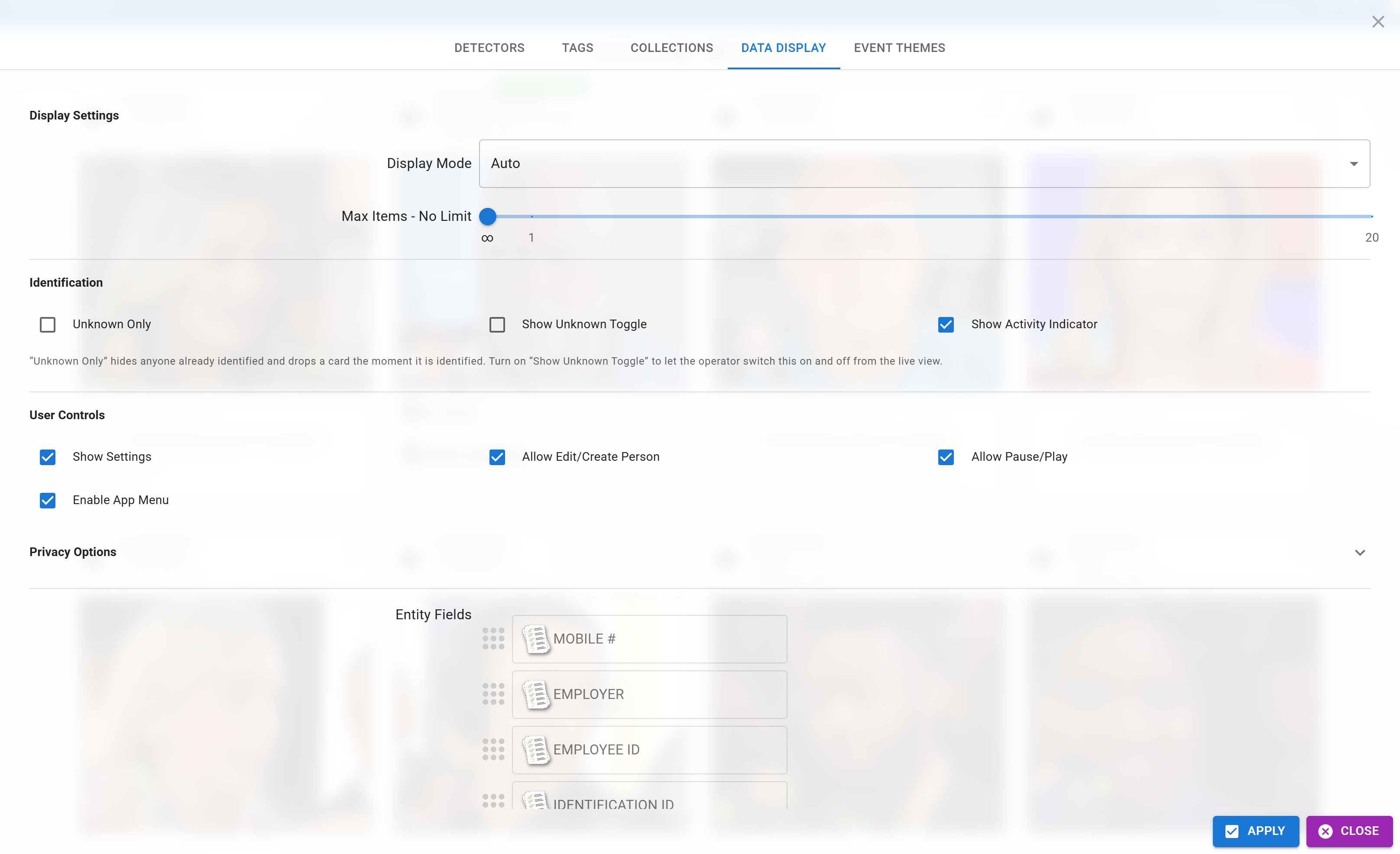 Data Display tab: display mode, max items, identification, user controls, and entity fields