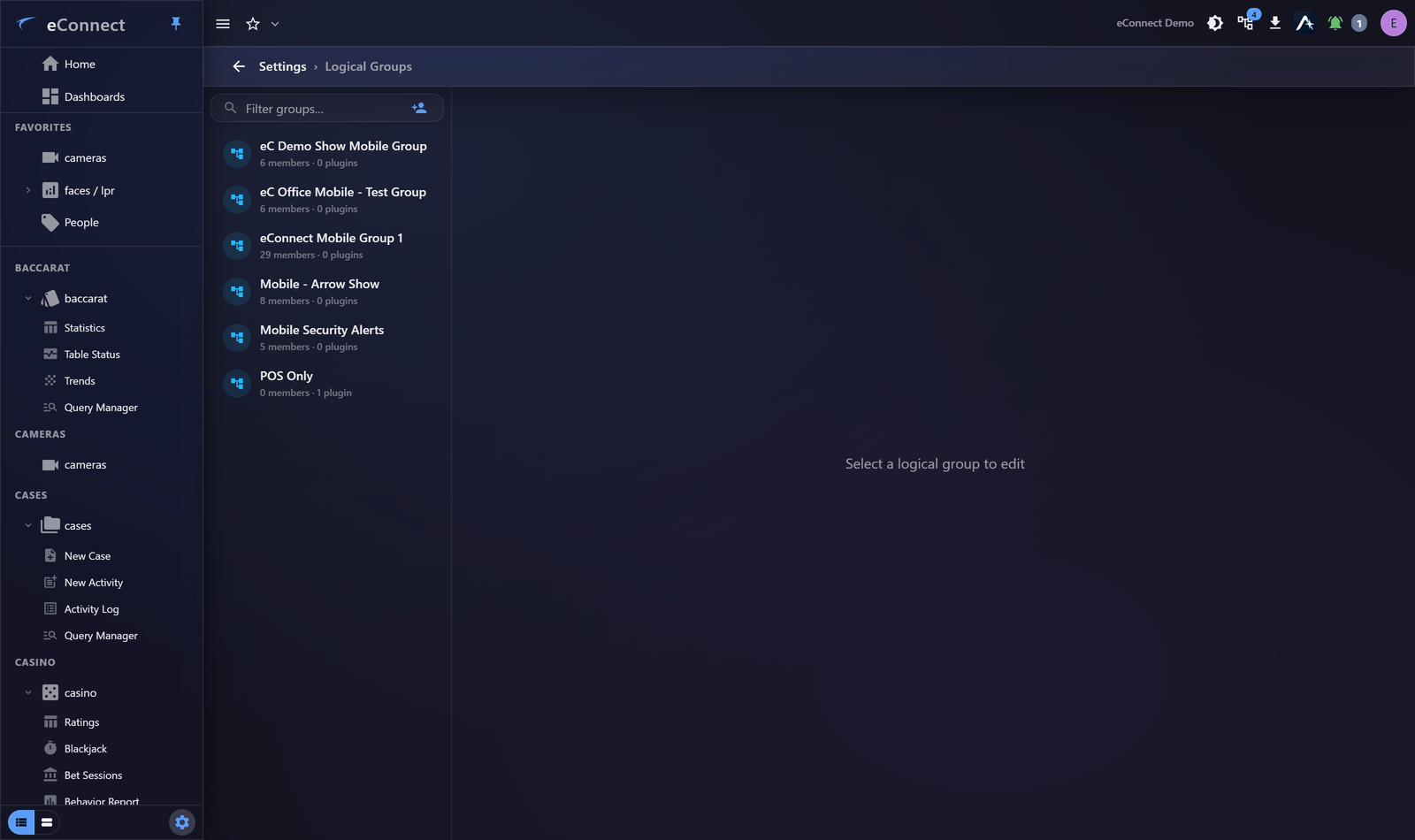 The Logical Groups page, with groups and their members
