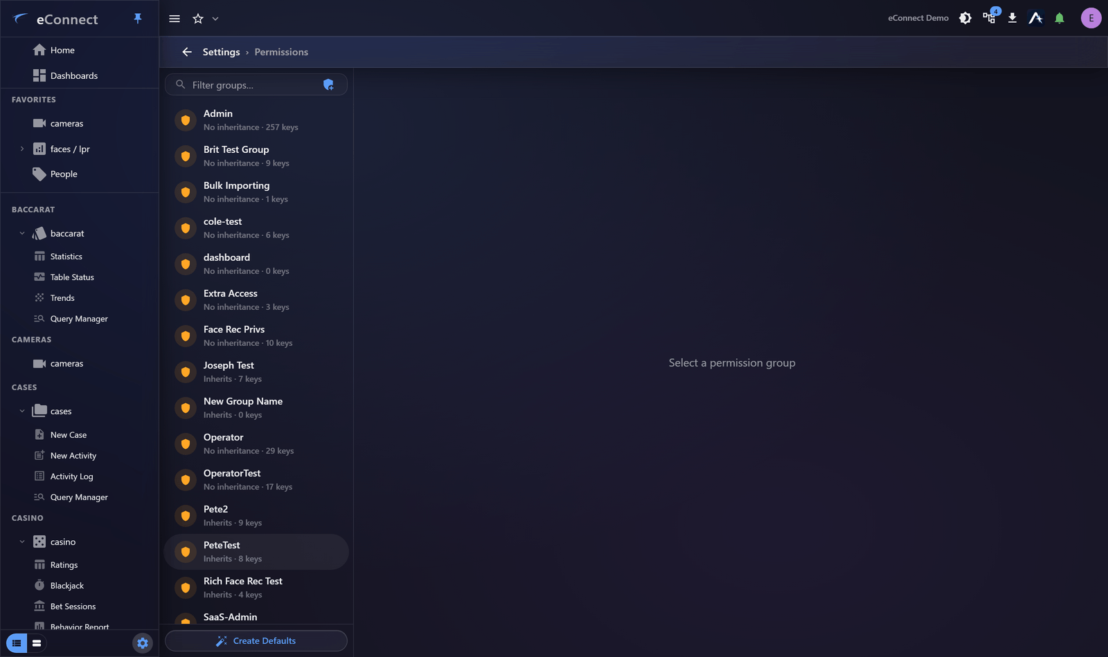 The Permissions page, listing permission groups and their keys