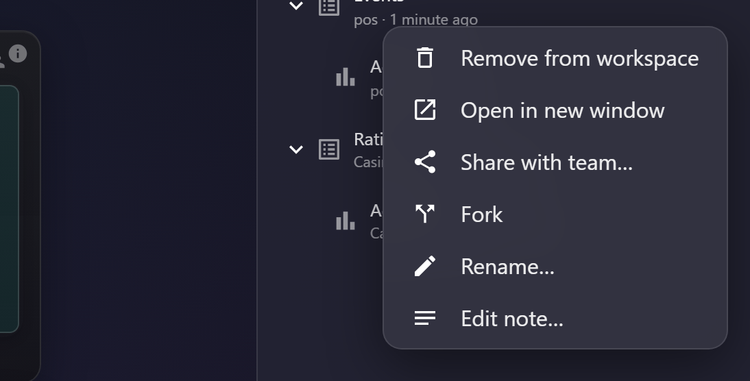 A view's options menu, with Open in new window among its entries
