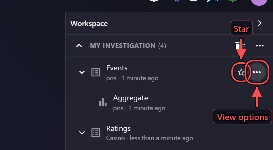 A Workspace row with its star and its view options menu named