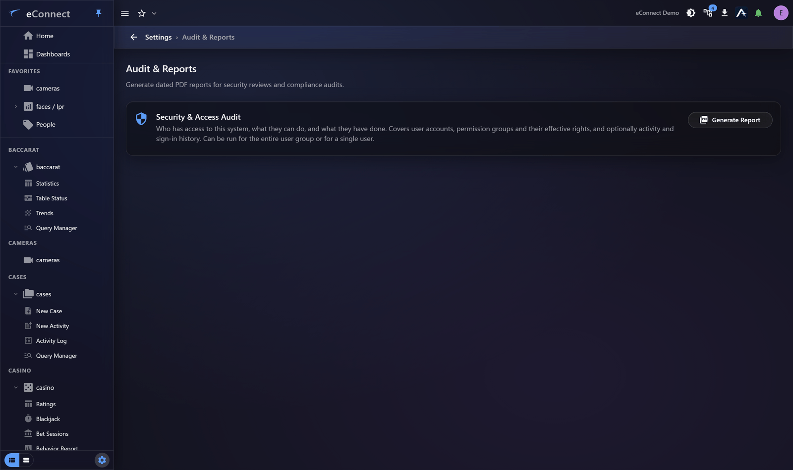The Security and Access report options