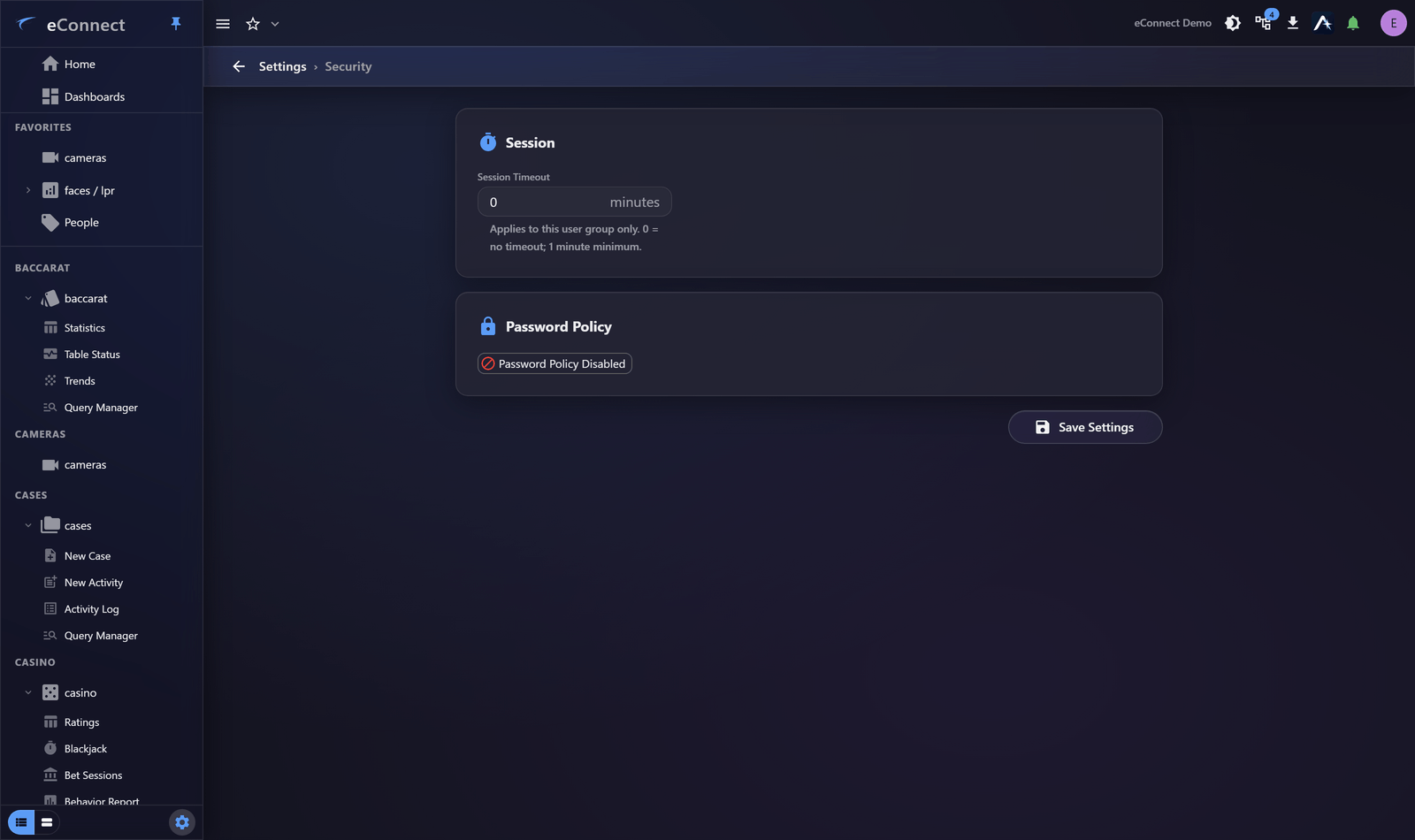 The Security settings page, with session timeout and password policy