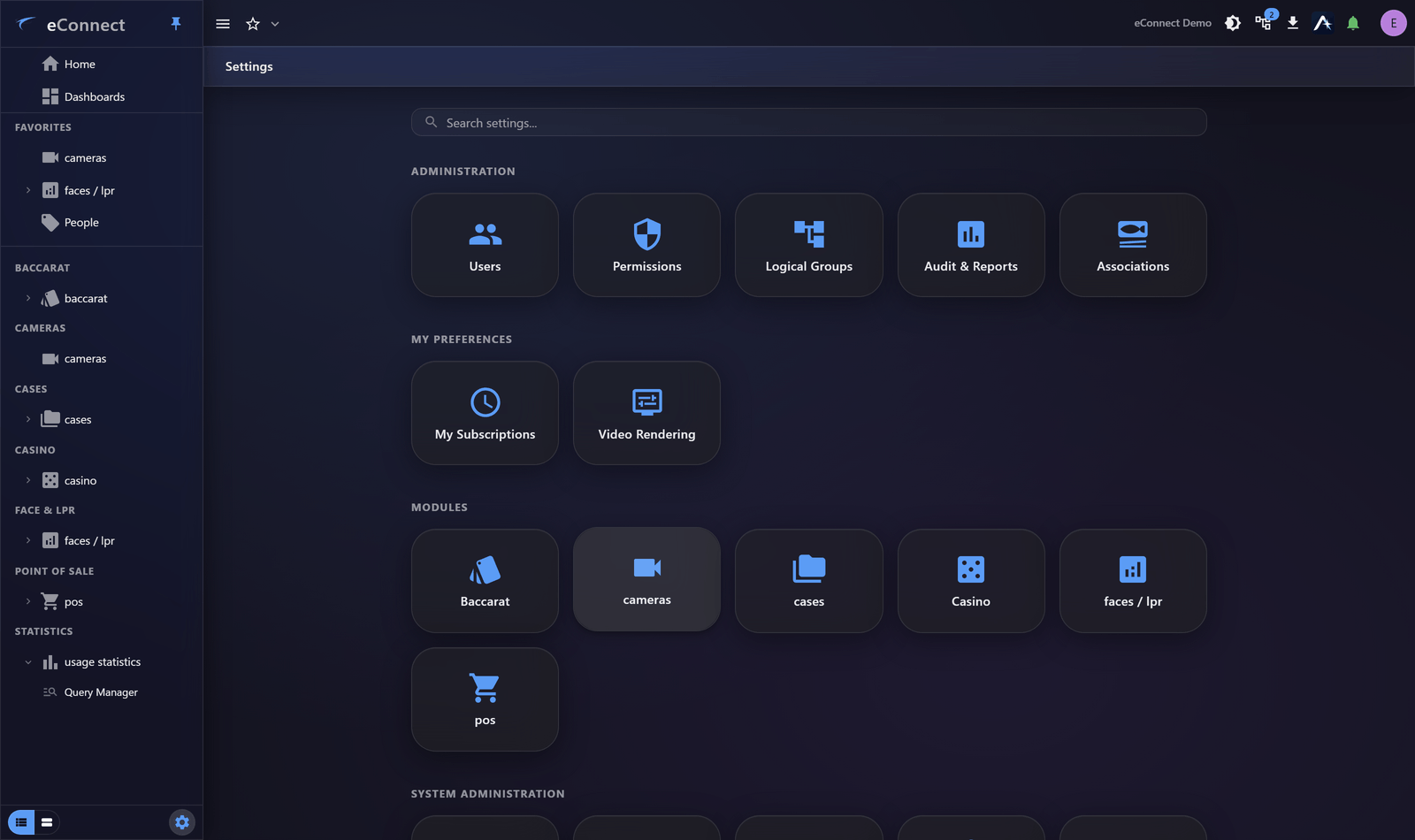 The Settings landing page, with a tile for each module