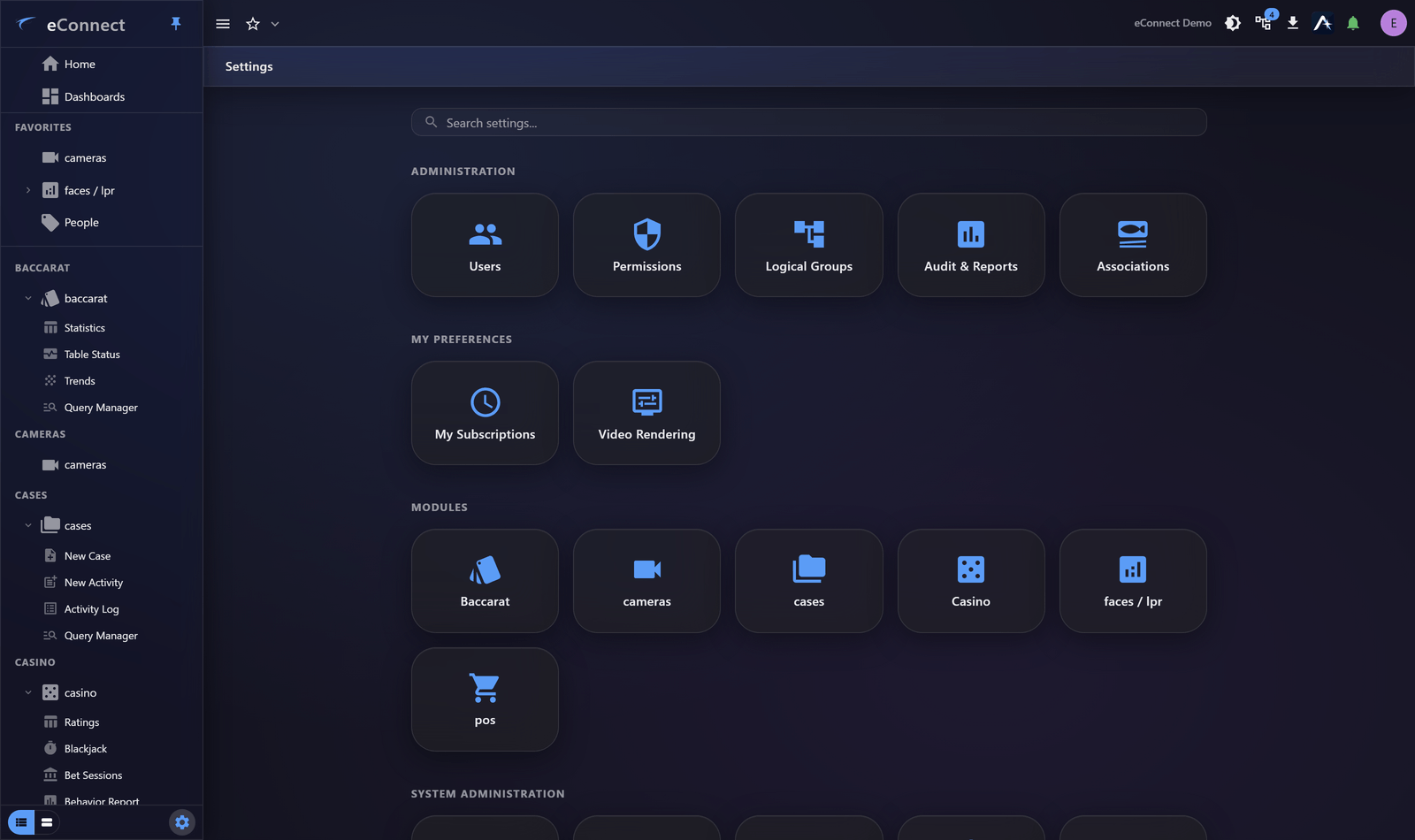The Settings area, showing administration and system tiles