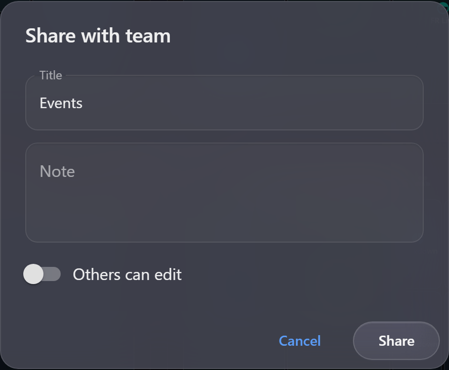 The share dialog, handing a step and everything under it to colleagues