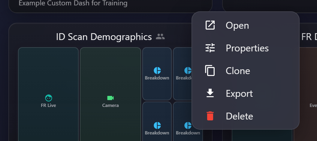 A dashboard card's menu: Open, Properties, Clone, Export and Delete