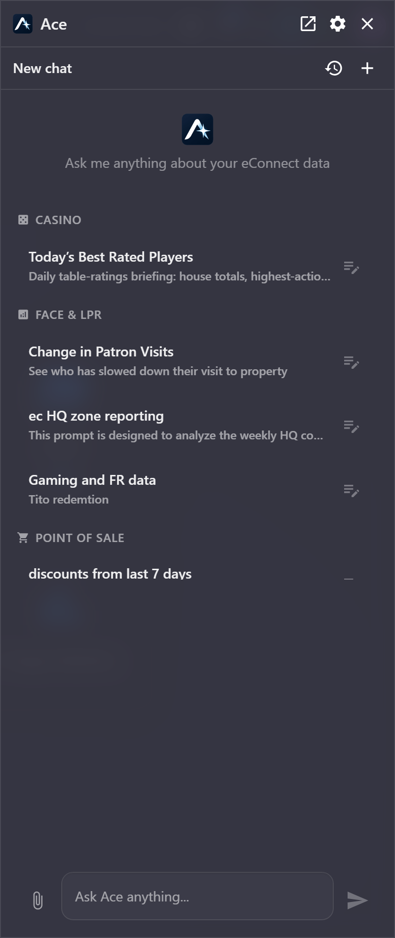 A new chat showing starter prompts grouped by module, each with a title and a one-line description